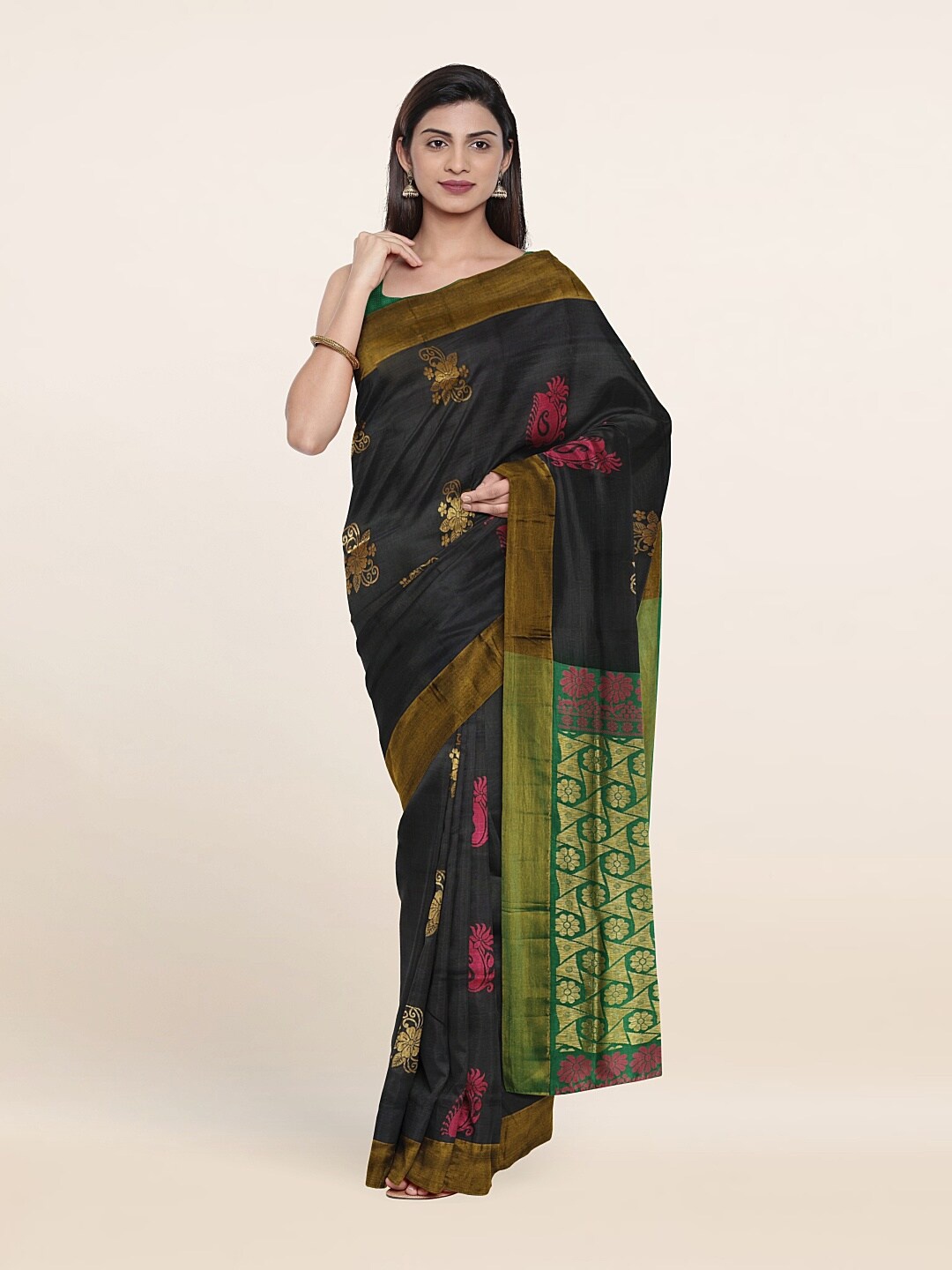 

Pothys Grey & Green Floral Zari Pure Silk Saree