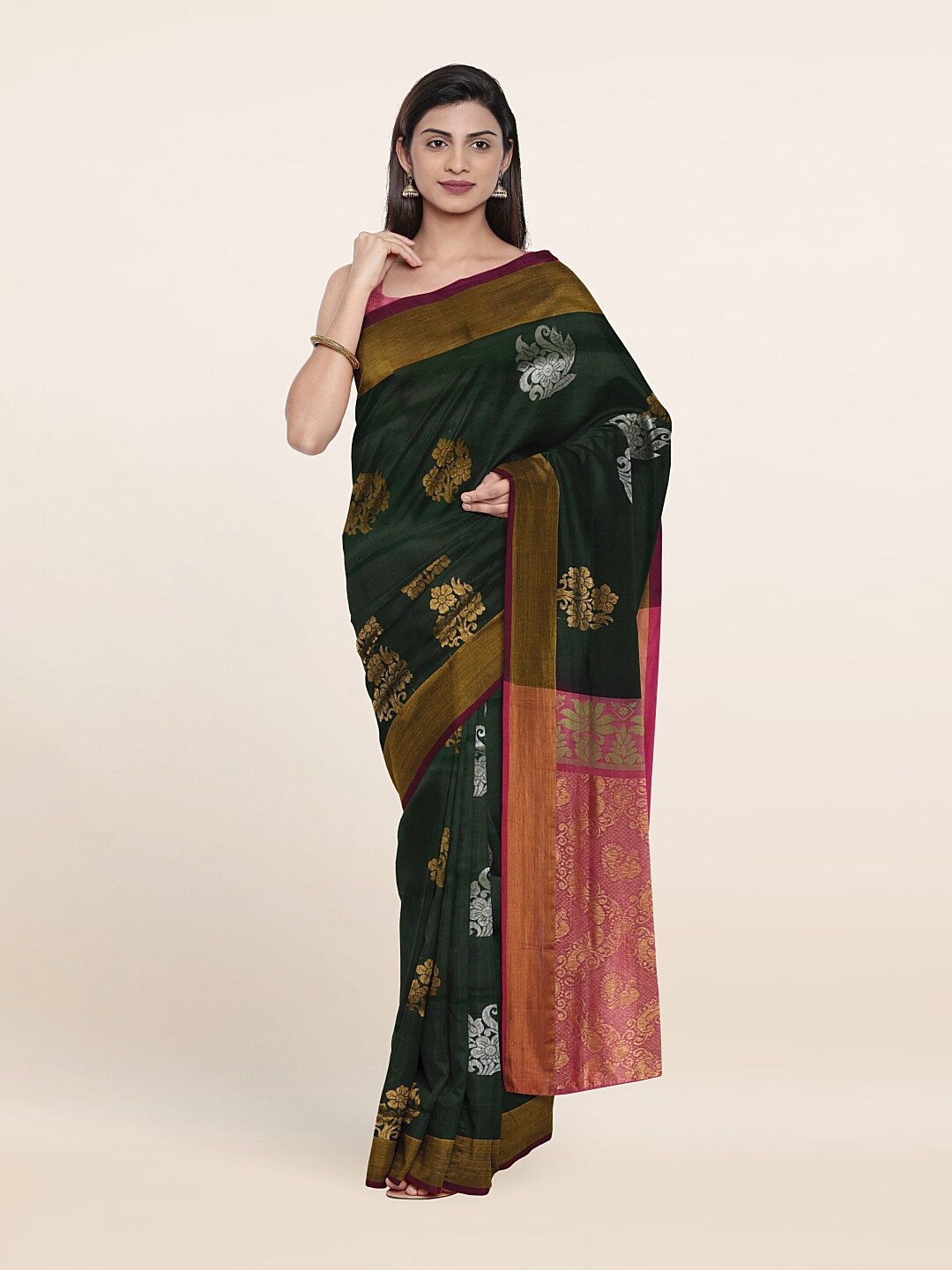 

Pothys Green & Peach-Coloured Ethnic Motifs Zari Pure Silk Saree