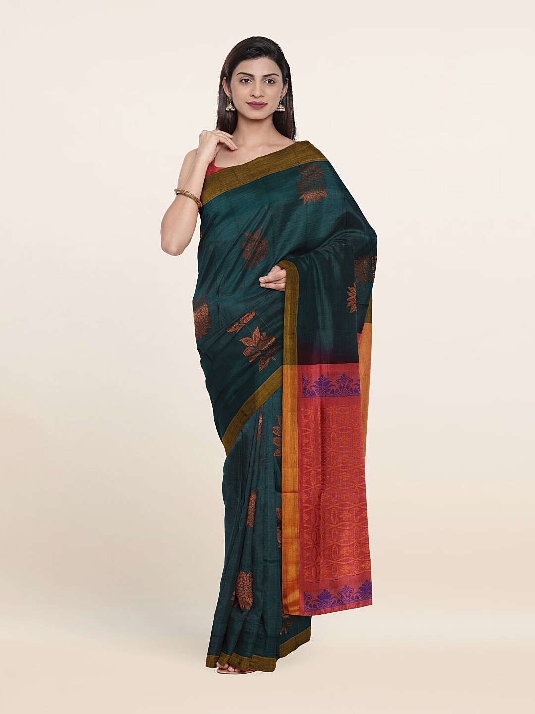 

Pothys Teal & Red Floral Zari Pure Silk Saree