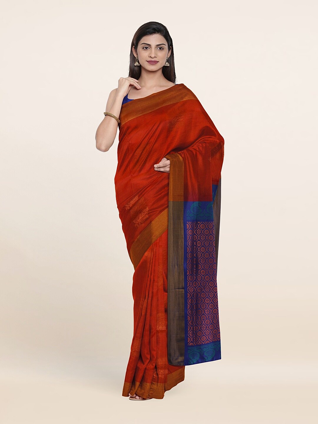 

Pothys Rust & Navy Blue Ethnic Motifs Zari Pure Silk Saree