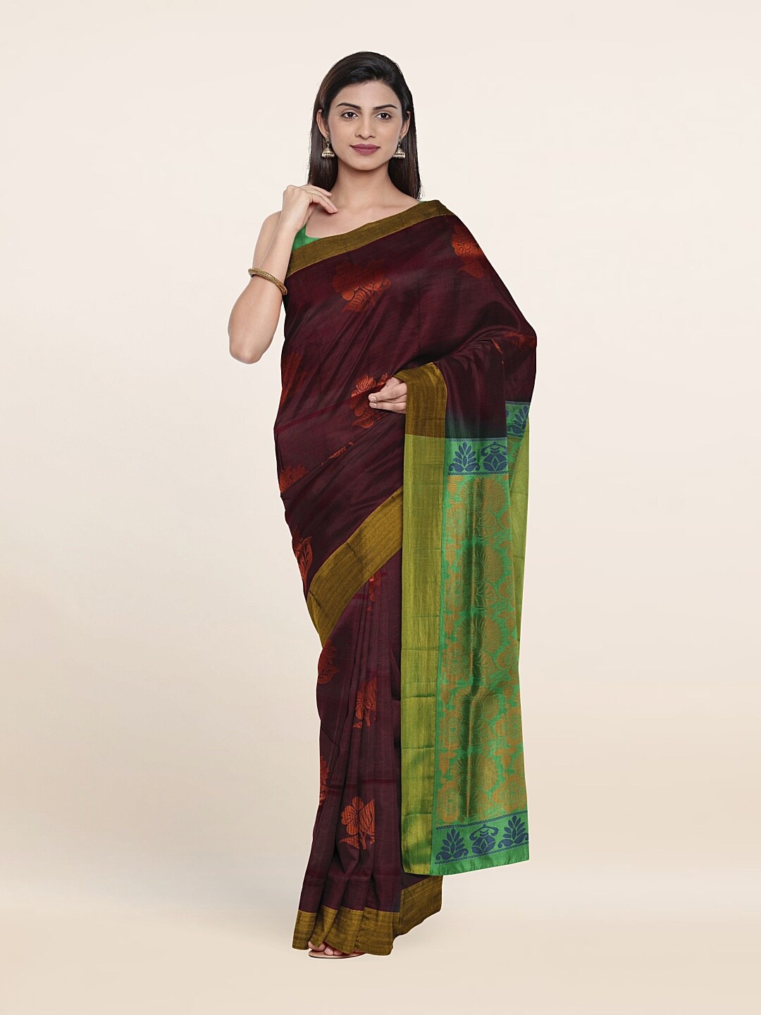 

Pothys Purple & Green Floral Zari Pure Silk Saree