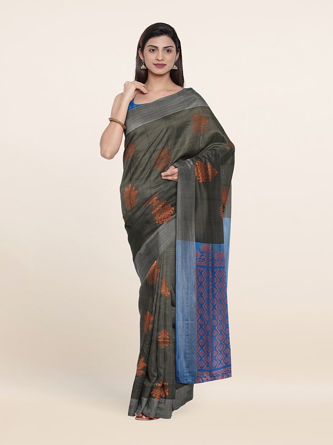 

Pothys Grey & Blue Ethnic Motifs Zari Pure Silk Saree
