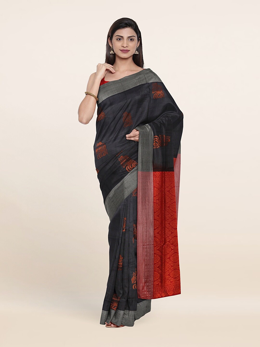 

Pothys Grey & Red Ethnic Motifs Zari Pure Silk Saree