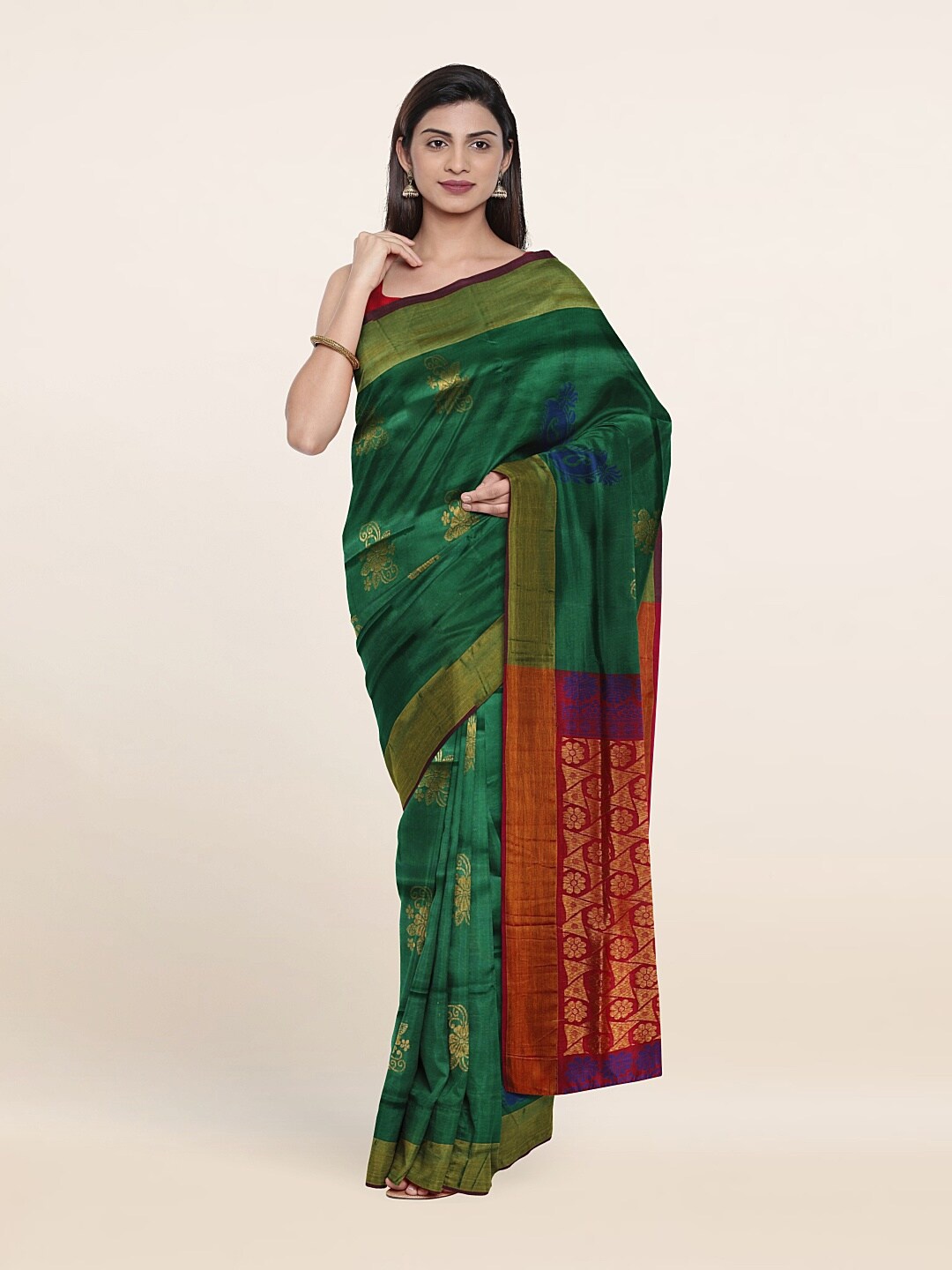 

Pothys Green & Red Floral Zari Pure Silk Saree