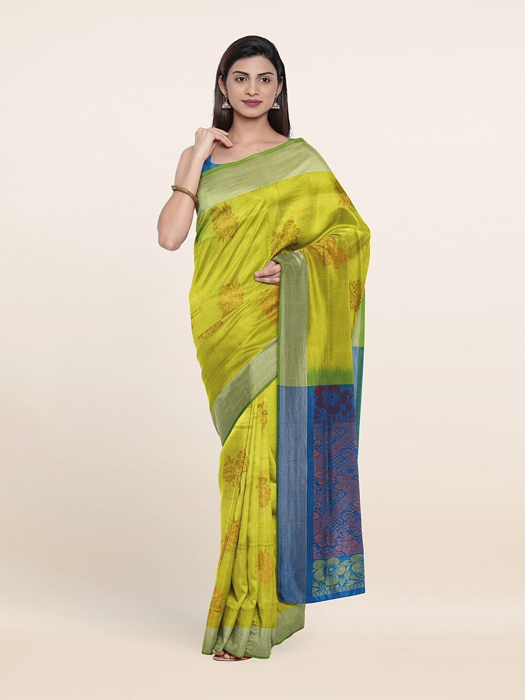 

Pothys Lime Green & Blue Floral Zari Pure Silk Saree