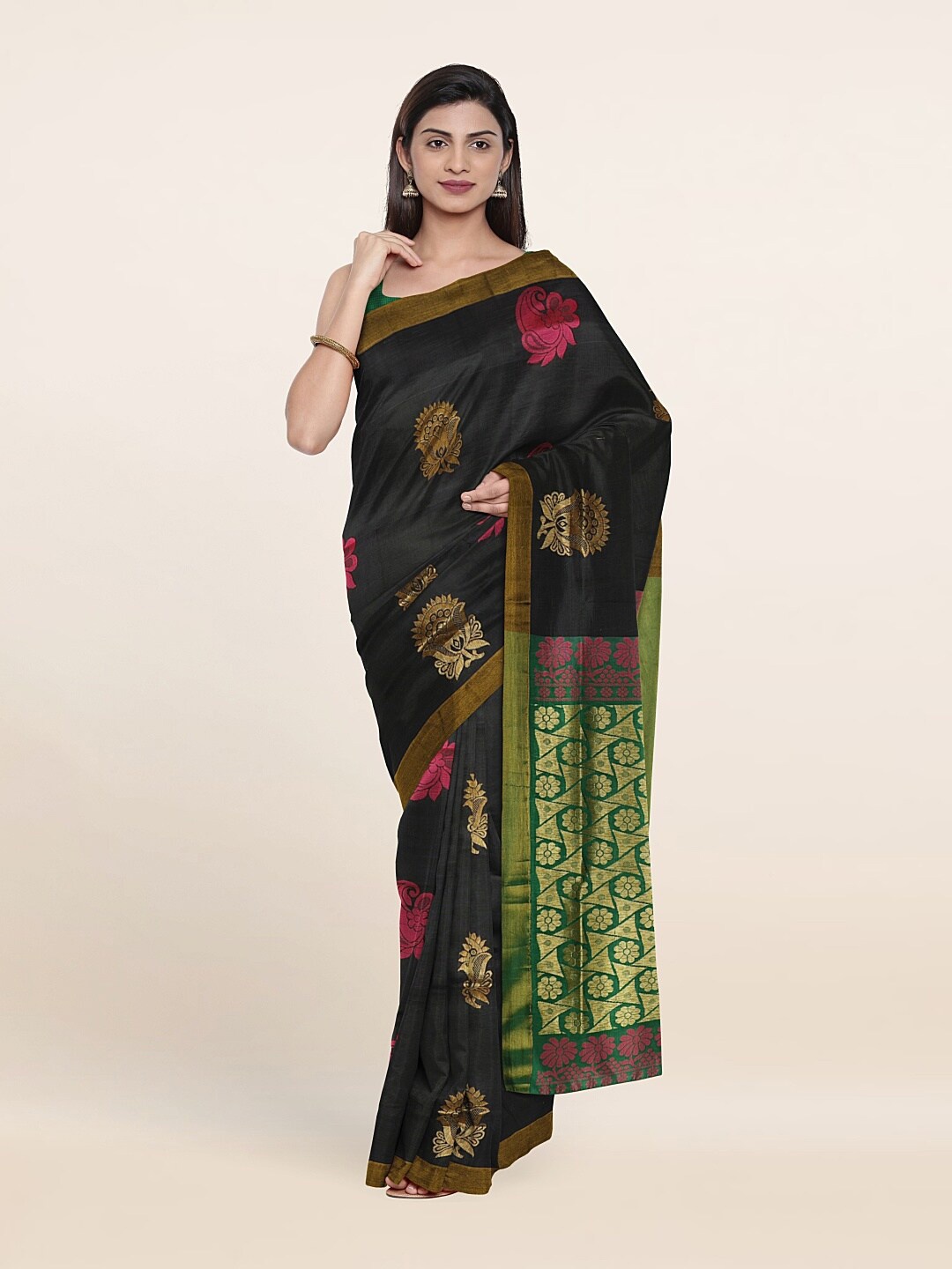 

Pothys Black & Green Ethnic Motifs Zari Pure Silk Saree