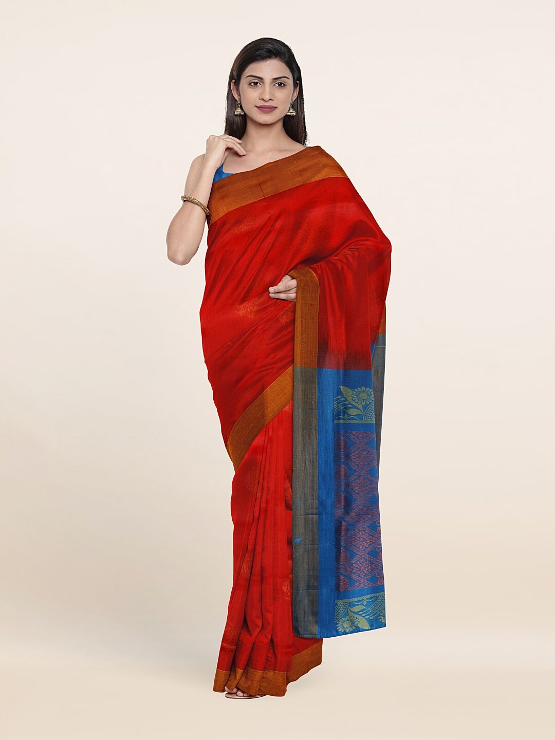 

Pothys Red & Blue Floral Zari Pure Silk Saree