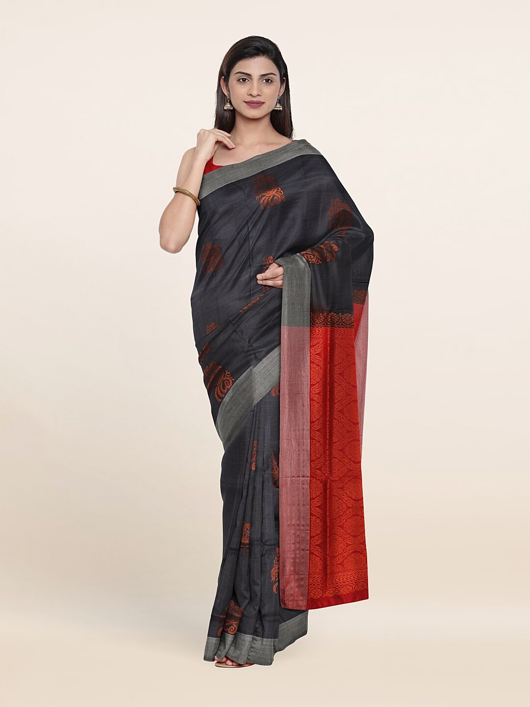 

Pothys Grey & Red Ethnic Motifs Zari Pure Silk Saree