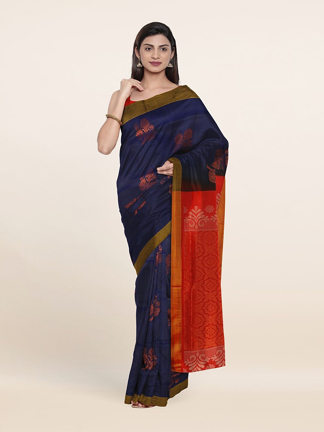 

Pothys Navy Blue & Red Ethnic Motifs Zari Pure Silk Saree