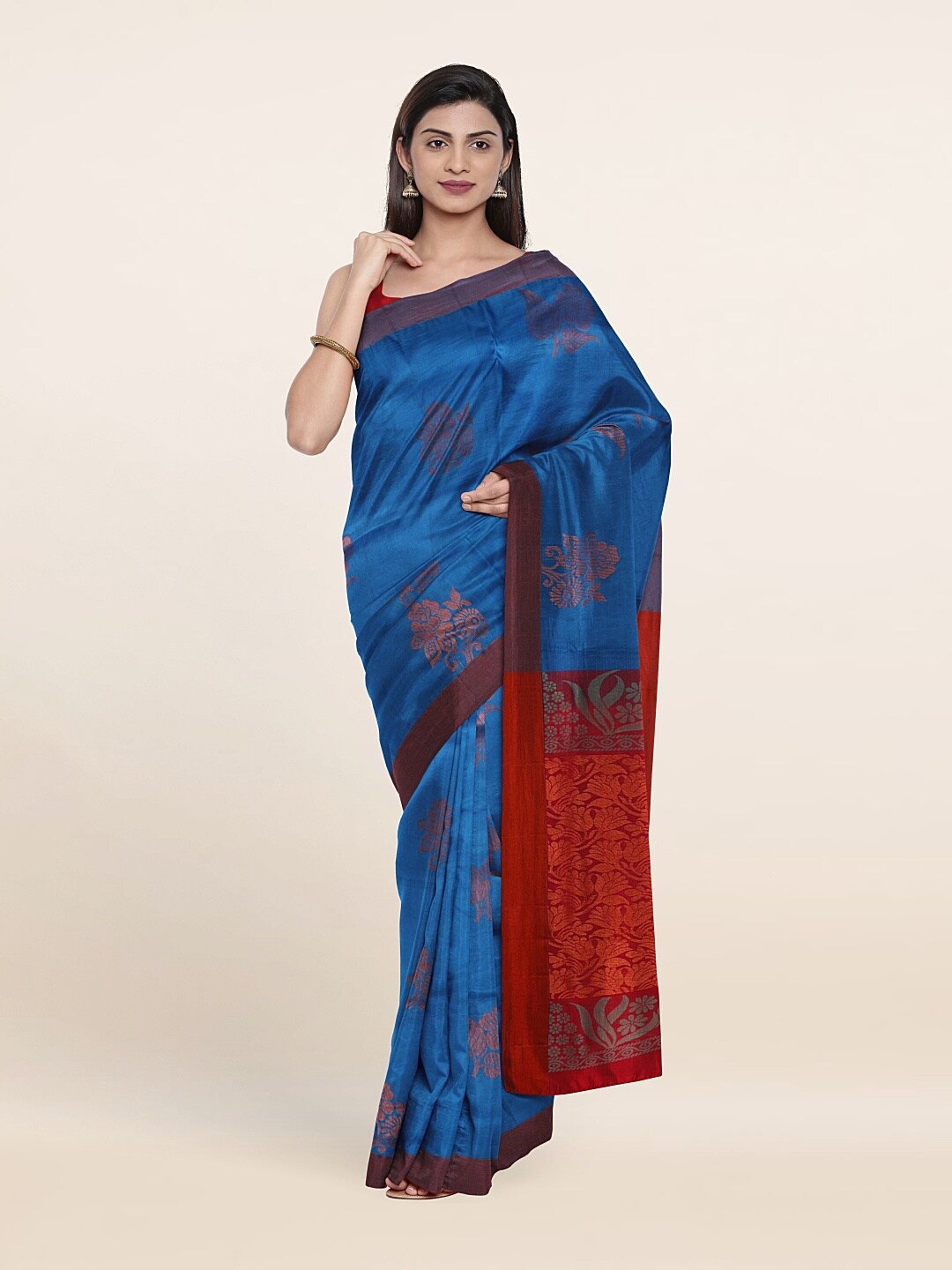 

Pothys Blue & Red Floral Zari Pure Silk Saree