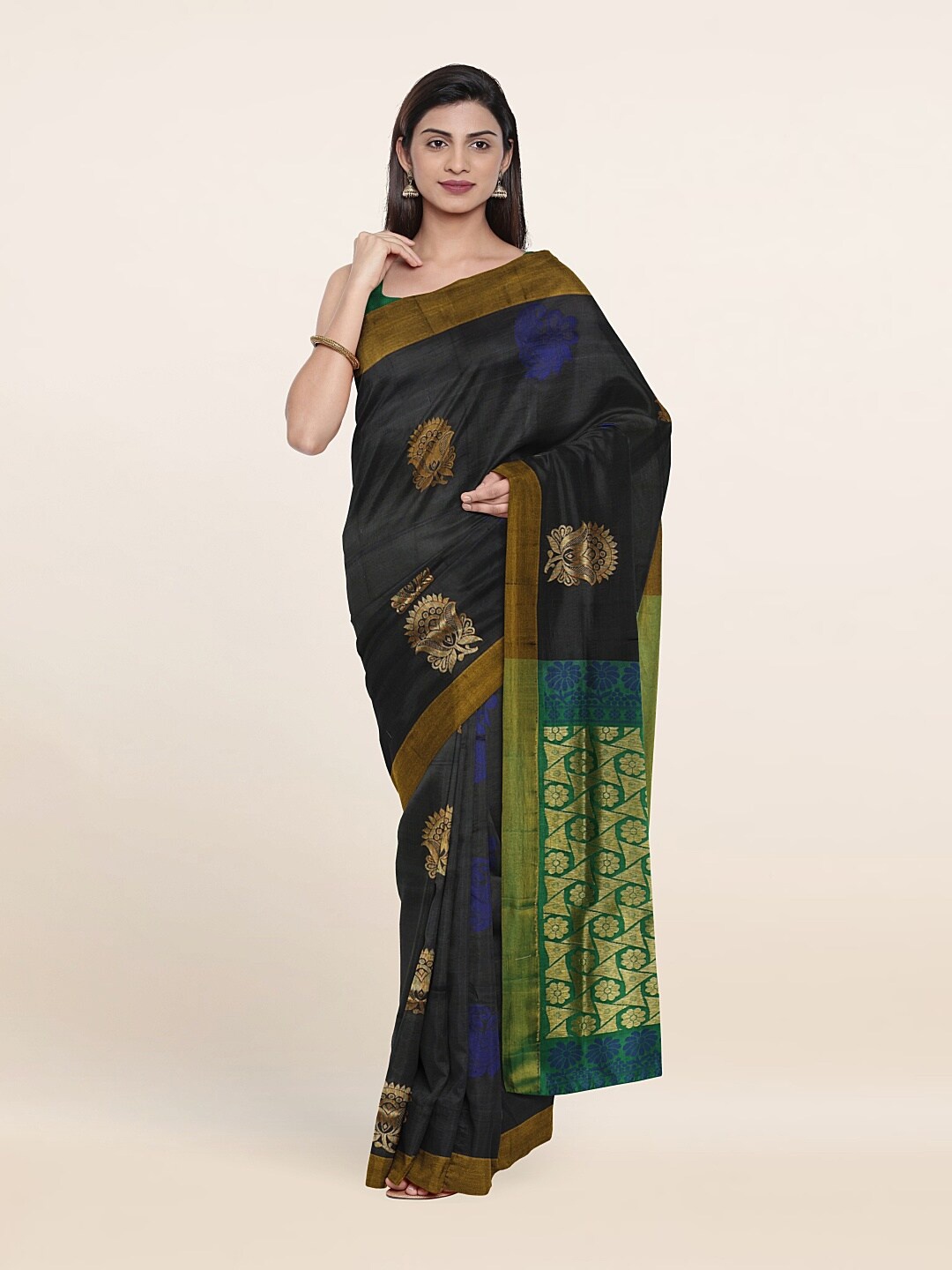 

Pothys Black & Green Ethnic Motifs Zari Pure Silk Saree