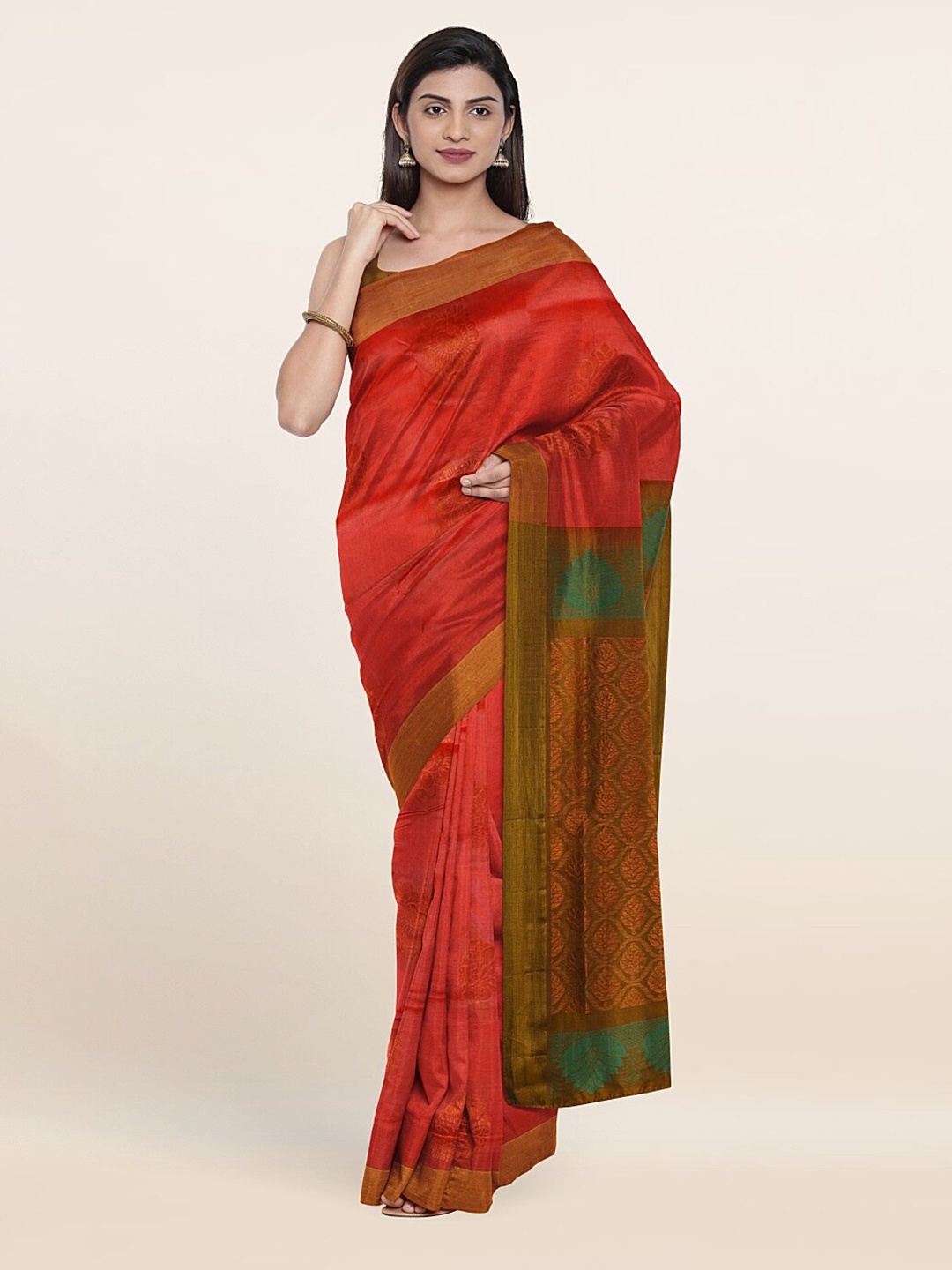 

Pothys Pink & Green Ethnic Motifs Zari Pure Silk Saree