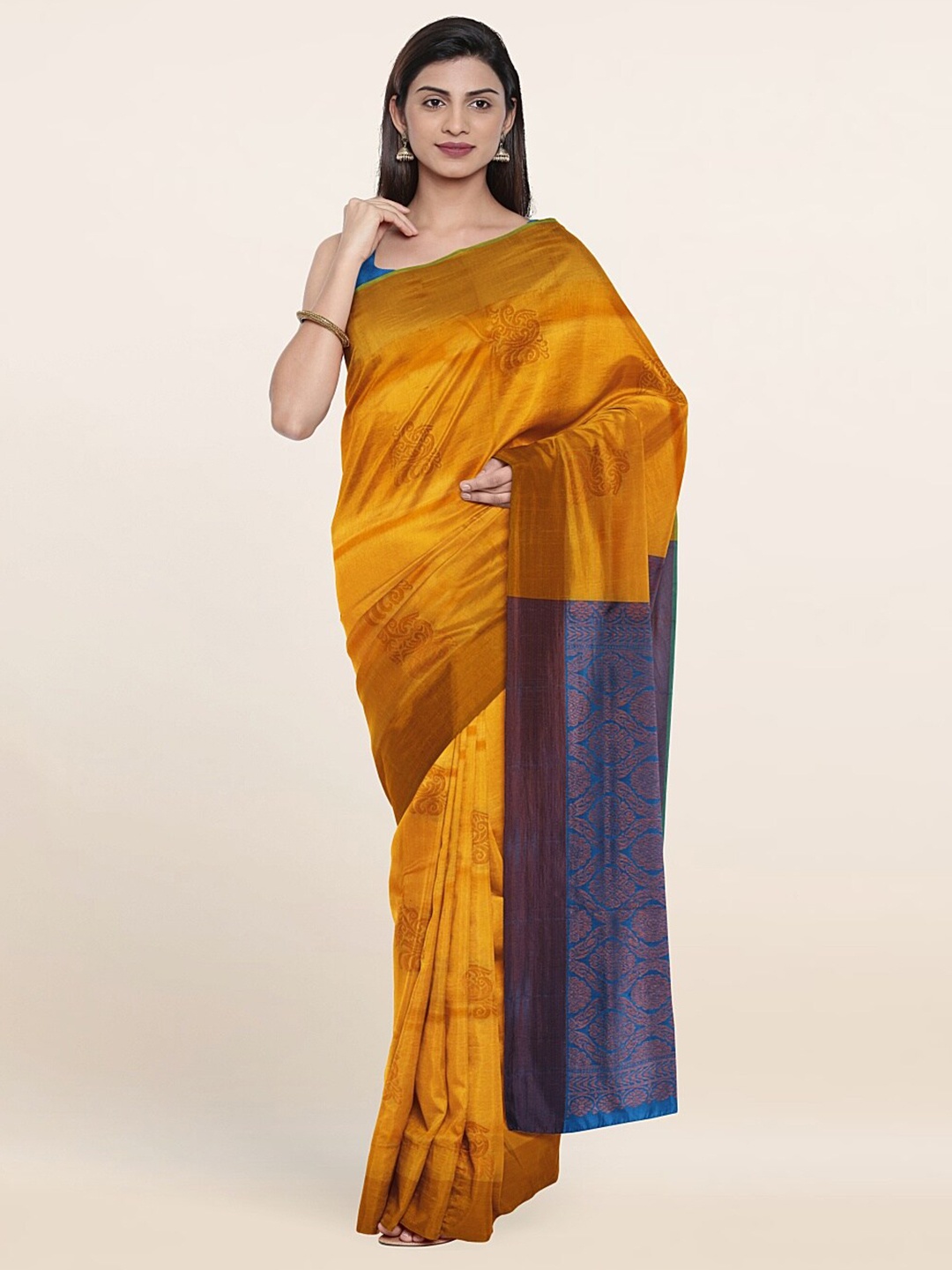 

Pothys Yellow & Blue Ethnic Motifs Zari Pure Silk Saree