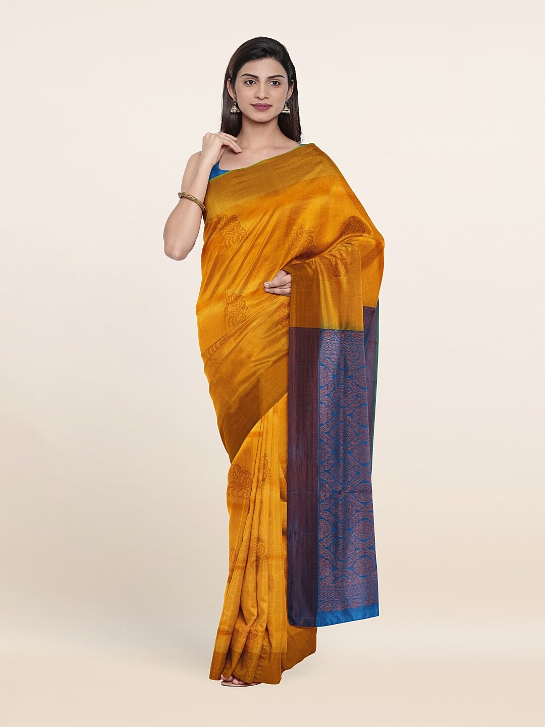 

Pothys Yellow & Blue Ethnic Motifs Zari Pure Silk Saree