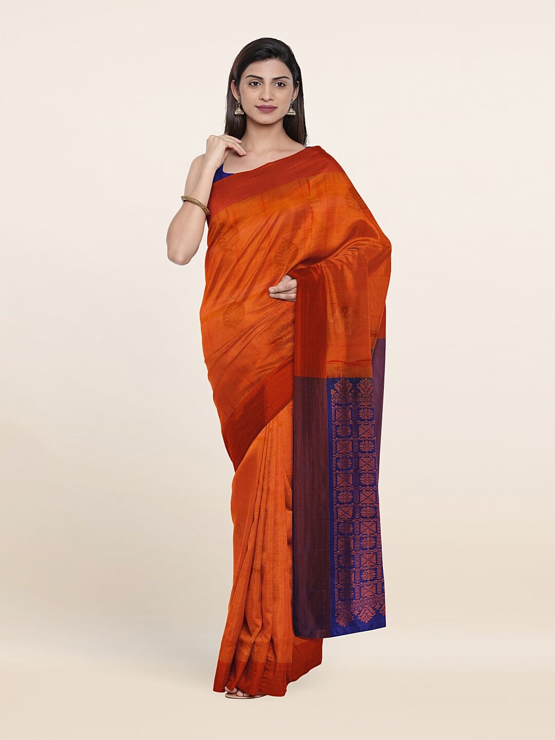 

Pothys Orange & Blue Ethnic Motifs Zari Pure Silk Saree