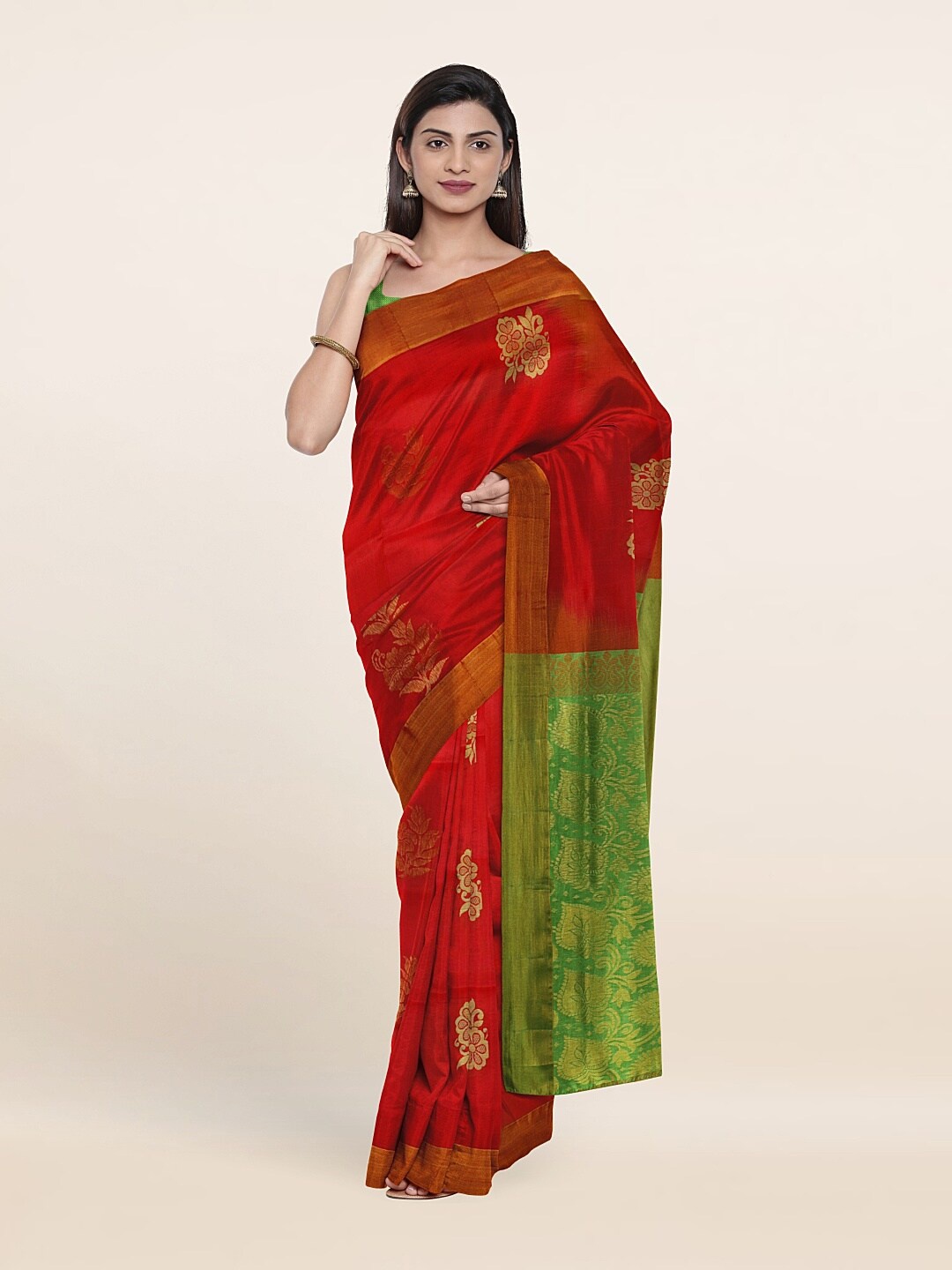 

Pothys Red & Green Floral Zari Pure Silk Saree