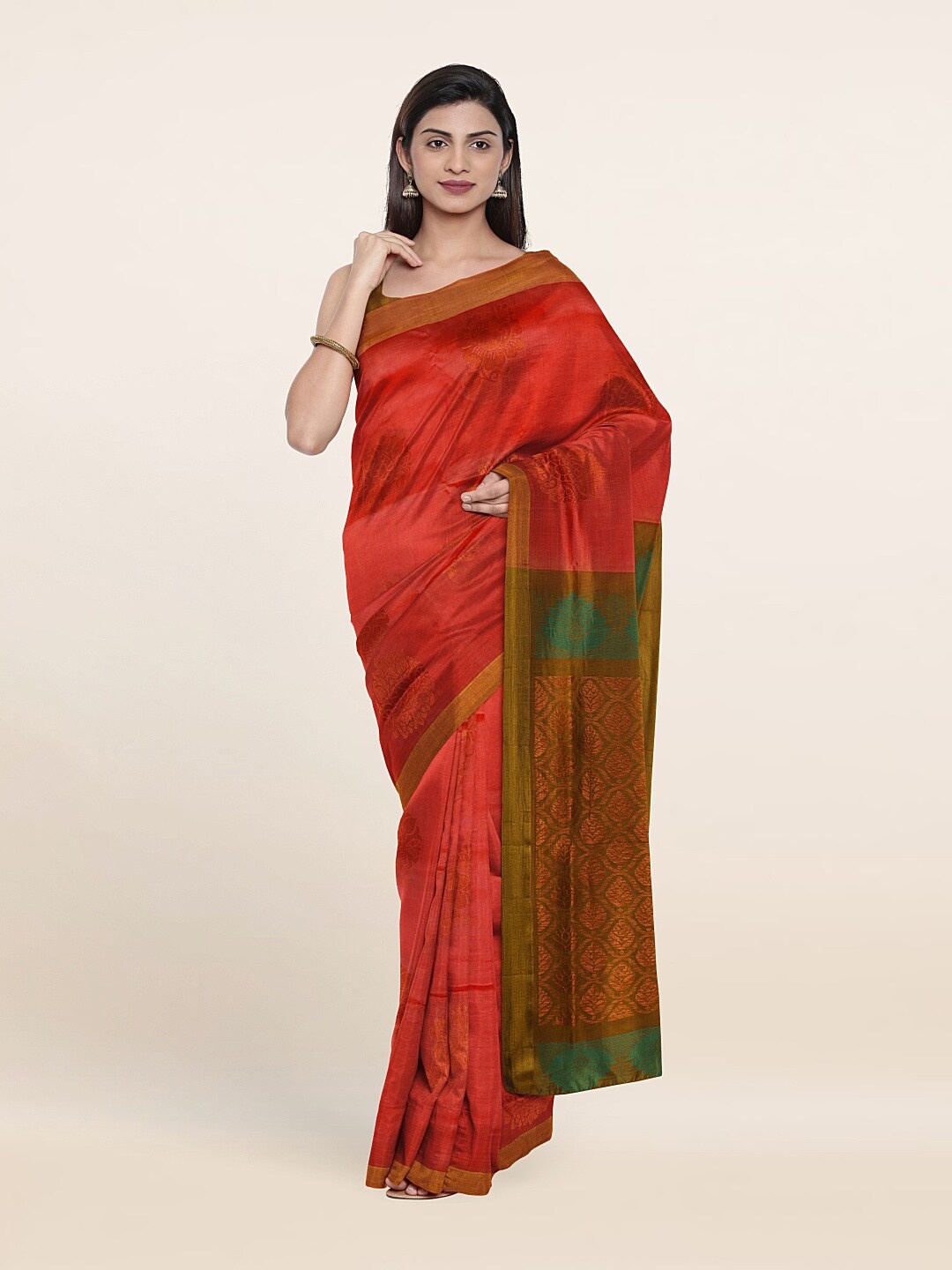 

Pothys Red & Green Ethnic Motifs Zari Pure Silk Saree