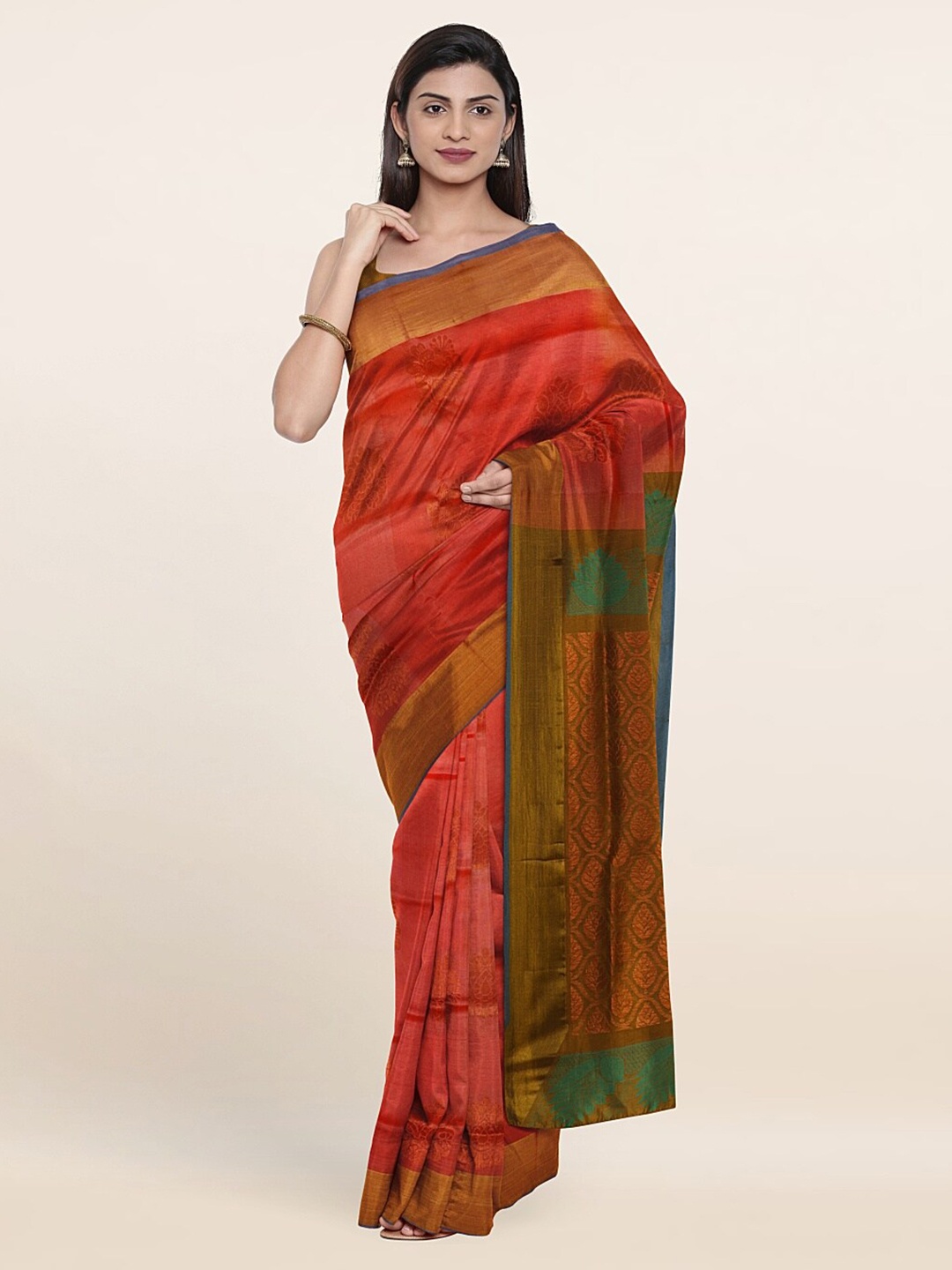 

Pothys Rust & Green Woven Design Zari Pure Silk Saree
