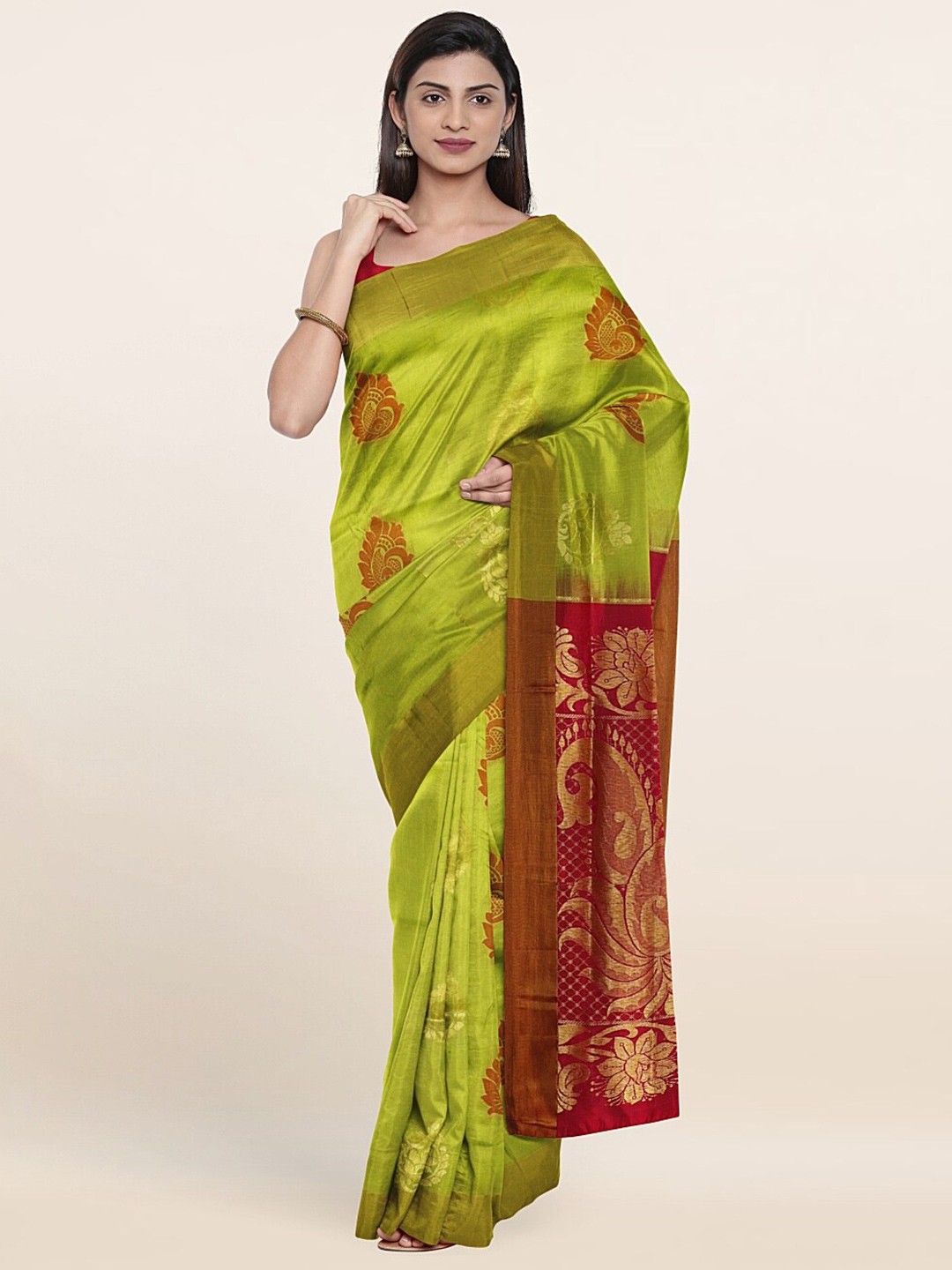 

Pothys Lime Green & Red Woven Design Zari Pure Silk Saree