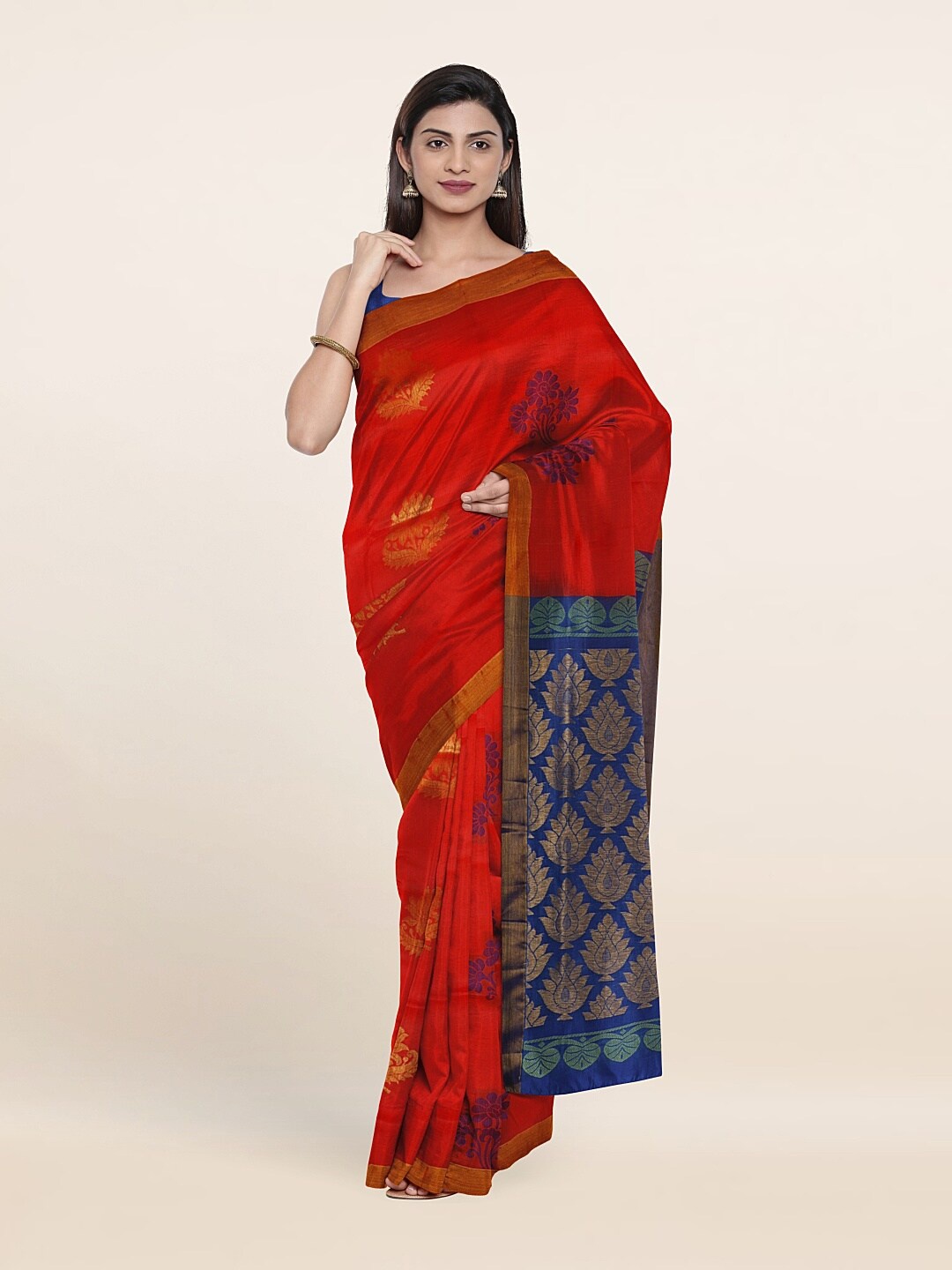 

Pothys Red & Navy Blue Floral Zari Pure Silk Saree