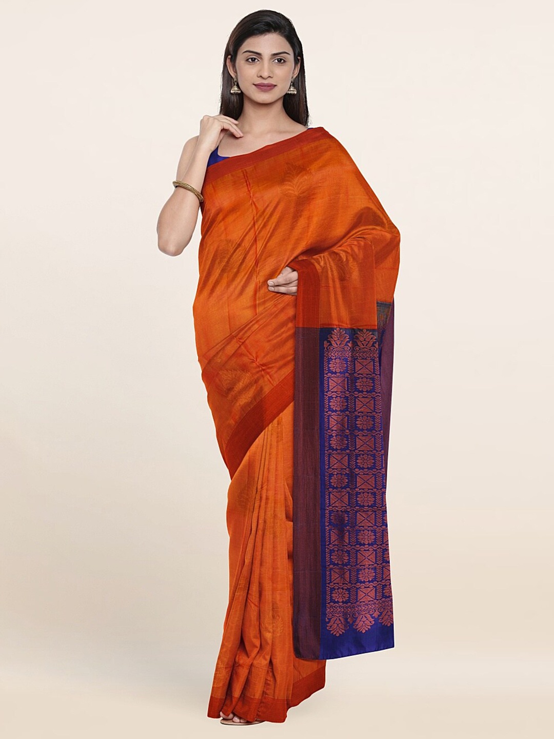 

Pothys Orange & Blue Ethnic Motifs Zari Pure Silk Saree