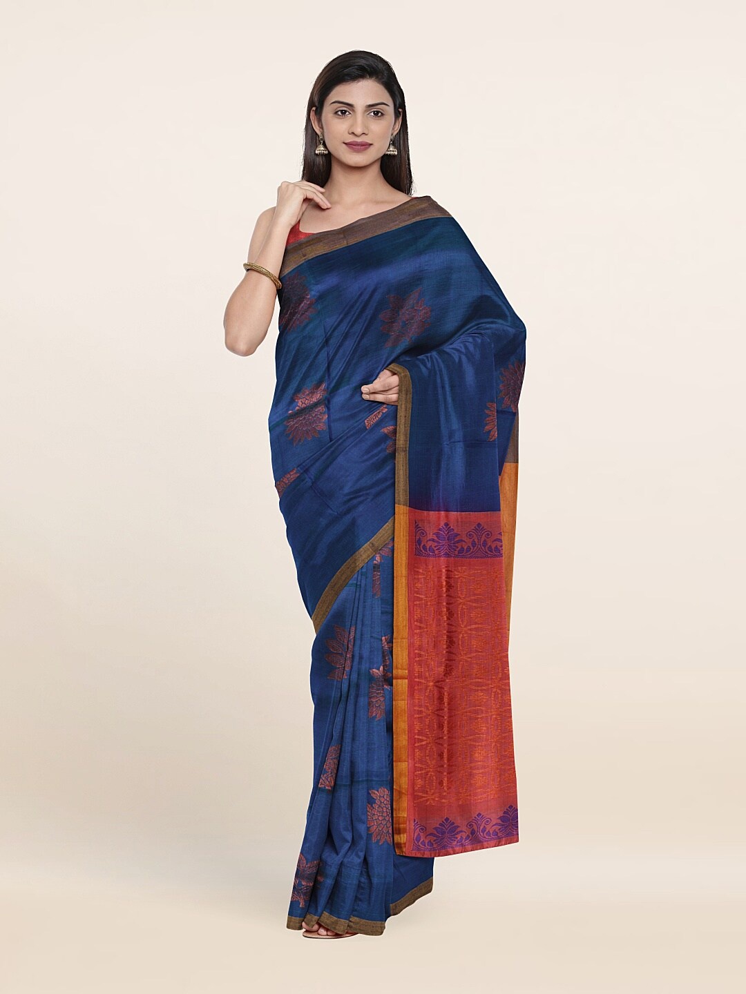 

Pothys Blue & Red Floral Zari Pure Silk Saree