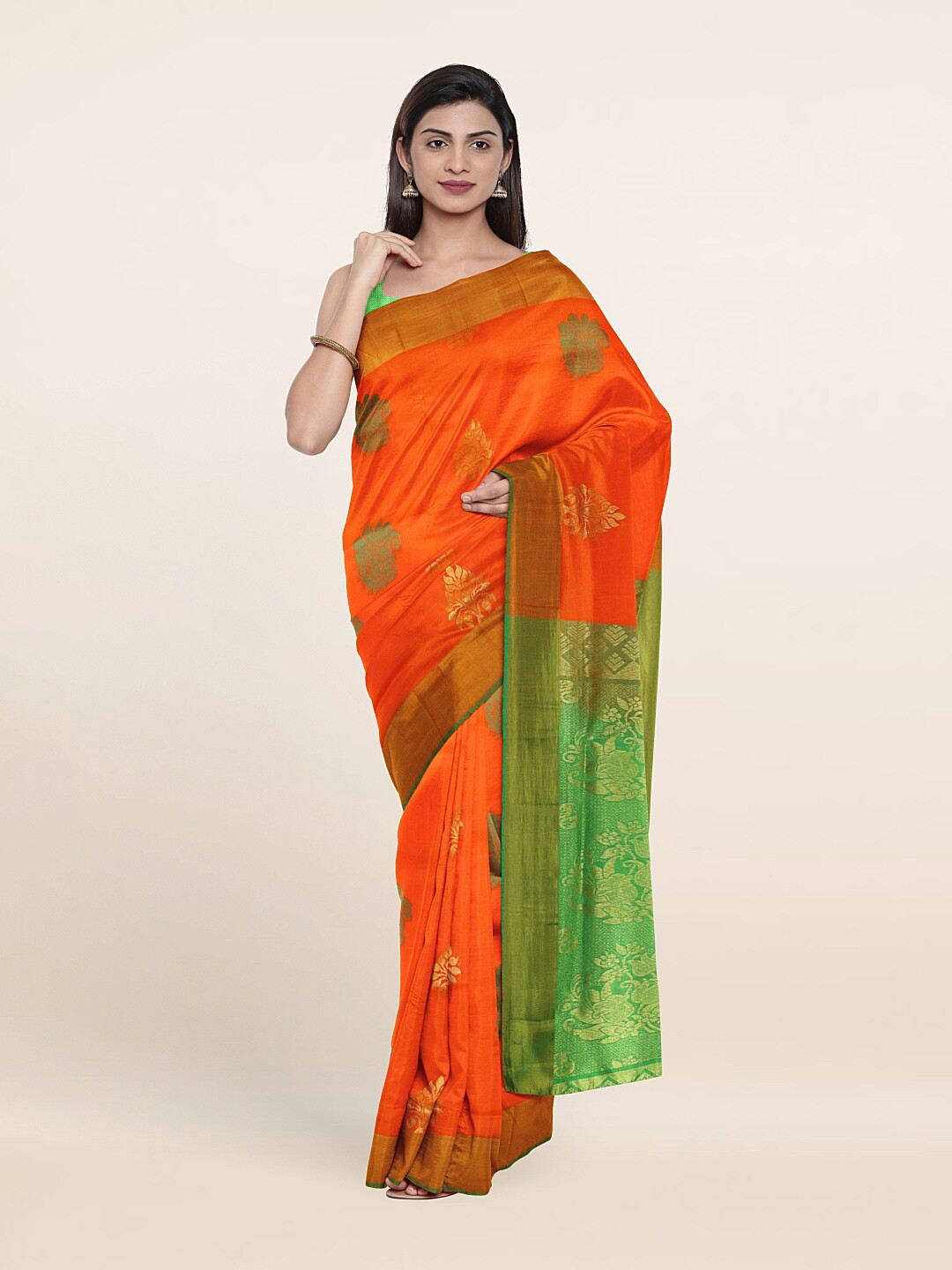 

Pothys Orange & Green Ethnic Motifs Zari Pure Silk Saree