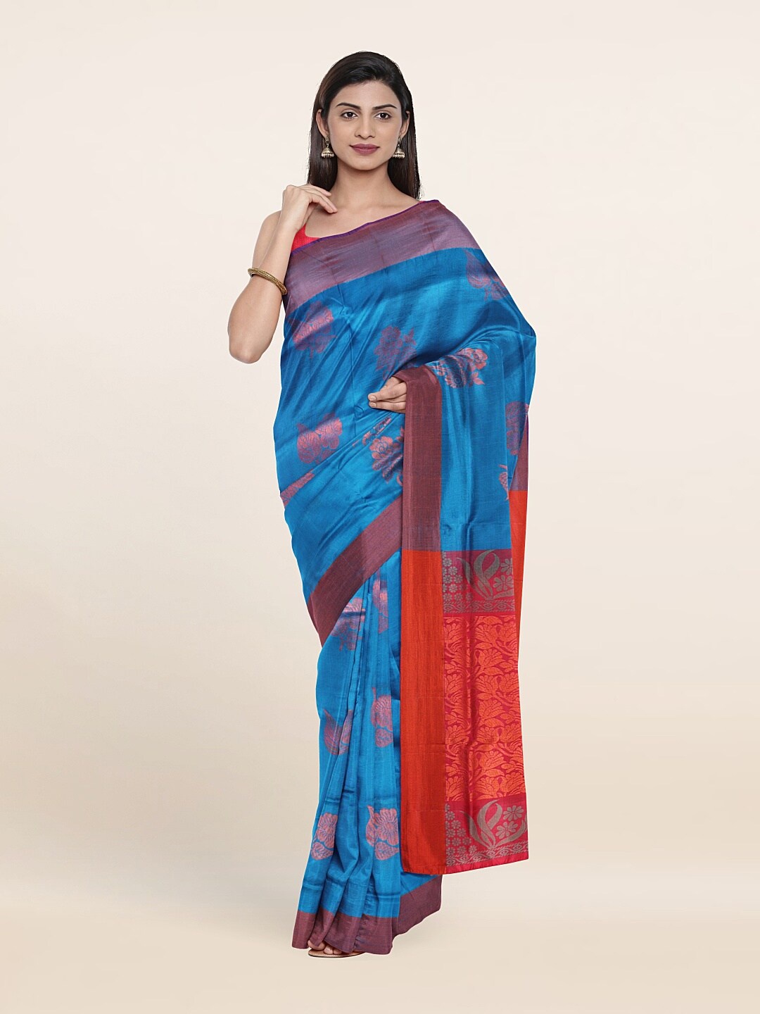 

Pothys Blue & Red Floral Zari Pure Silk Saree