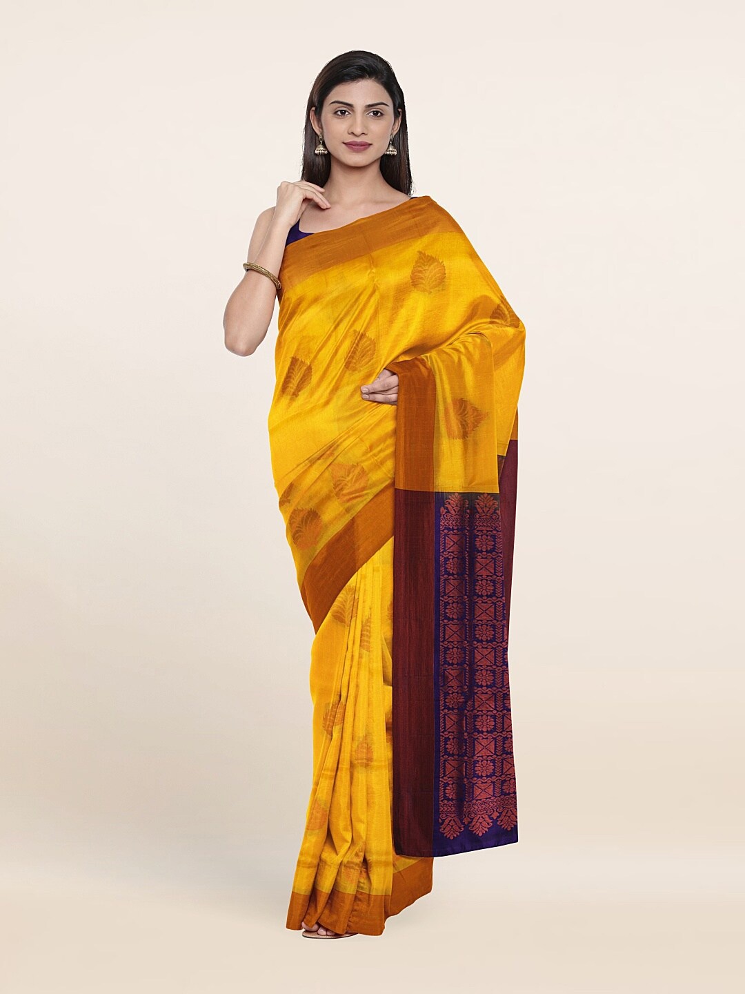 

Pothys Yellow & Navy Blue Ethnic Motifs Zari Pure Silk Saree