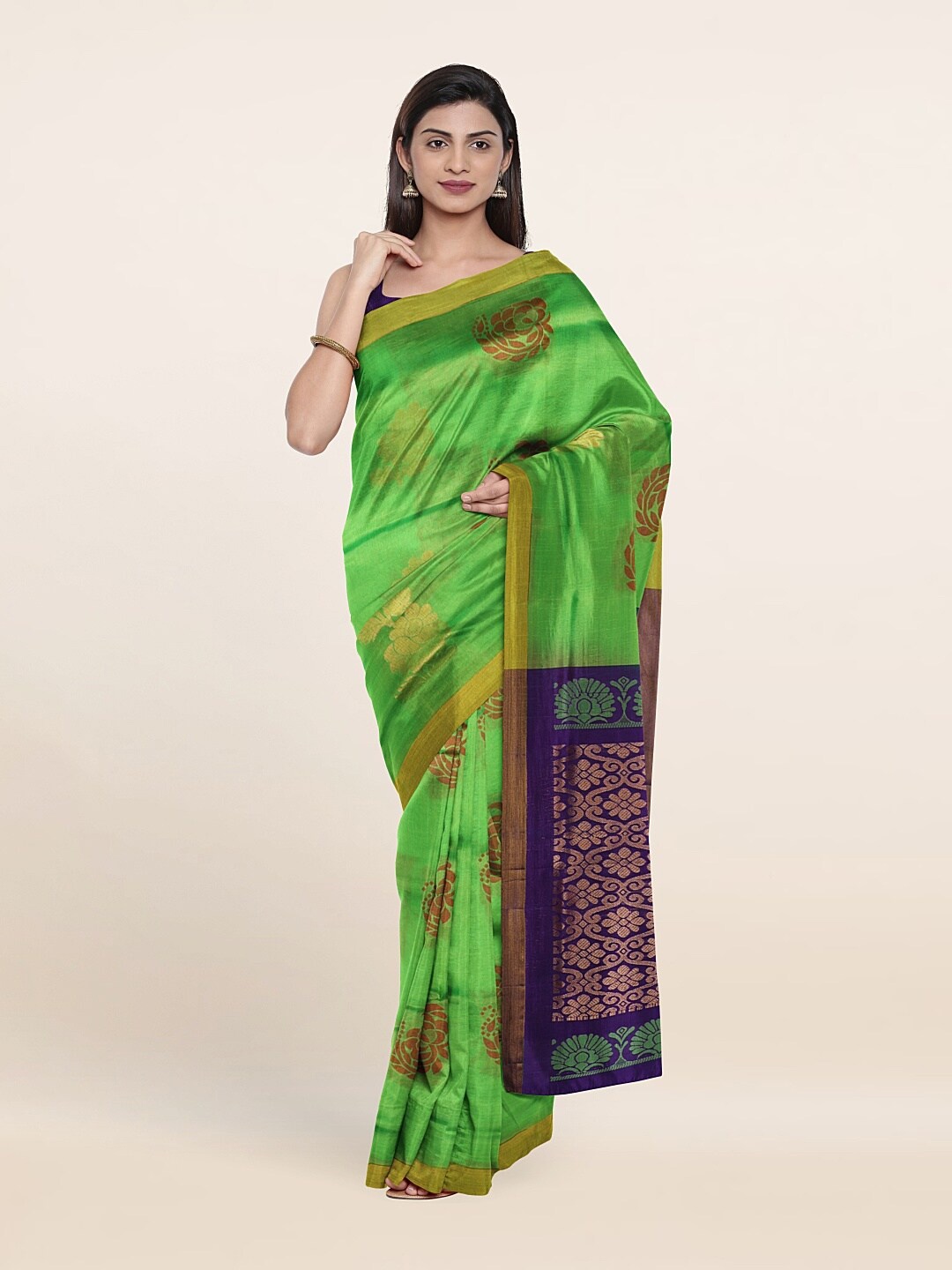 

Pothys Green & Gold-Toned Floral Zari Pure Silk Saree