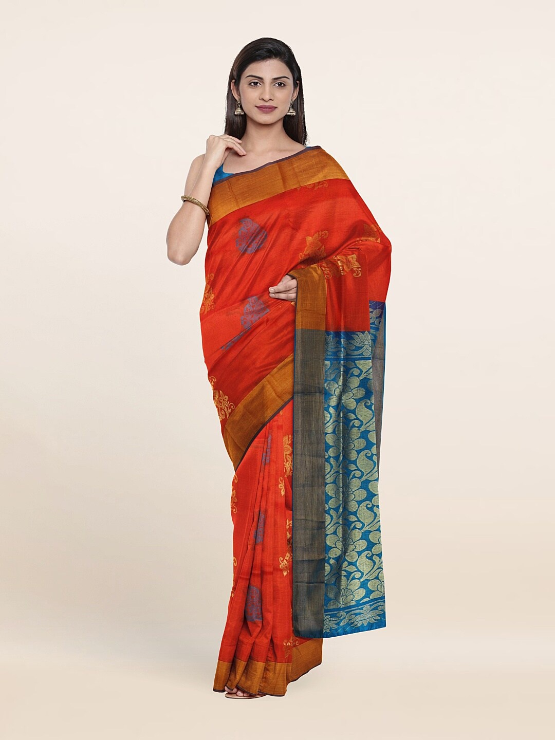 

Pothys Rust & Green Floral Zari Pure Silk Saree