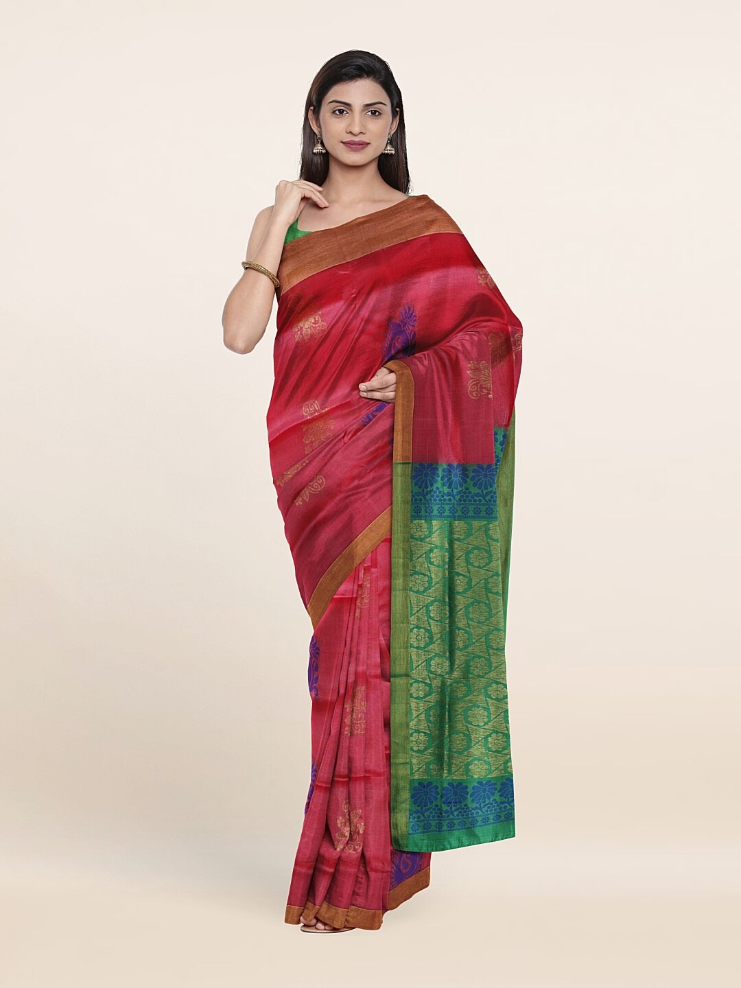 

Pothys Pink & Green Floral Zari Pure Silk Saree