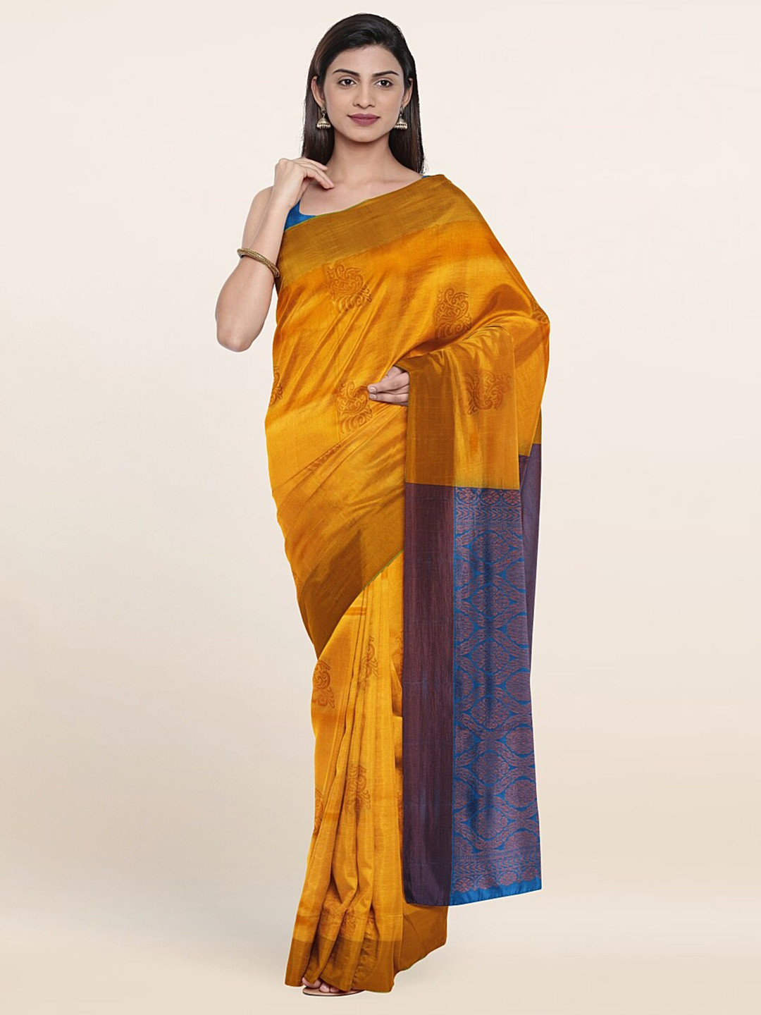 

Pothys Yellow & Blue Ethnic Motifs Zari Pure Silk Saree