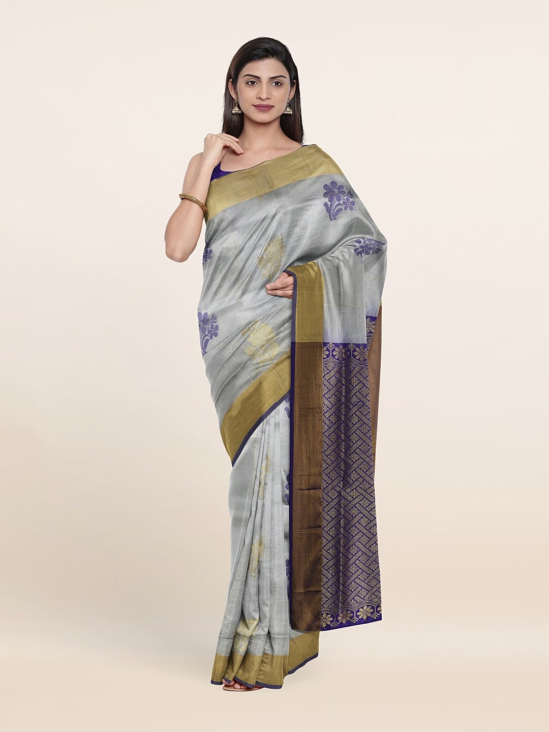 

Pothys Silver-Toned & Navy Blue Floral Zari Pure Silk Saree