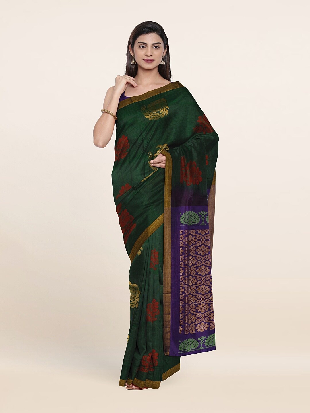 

Pothys Green & Red Floral Zari Pure Silk Saree