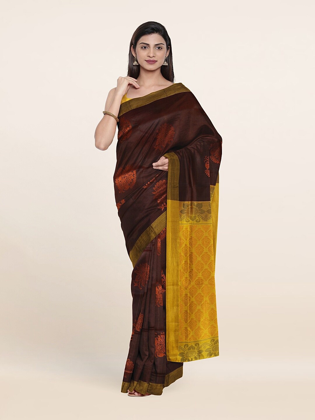 

Pothys Coffee Brown & Yellow Floral Zari Pure Silk Saree