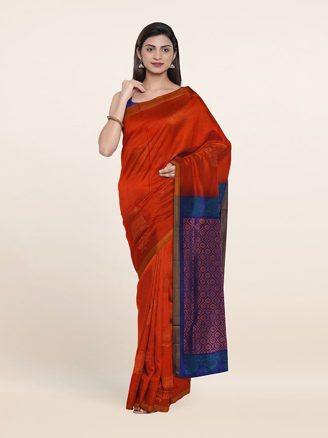 

Pothys Rust & Navy Blue Floral Zari Pure Silk Saree