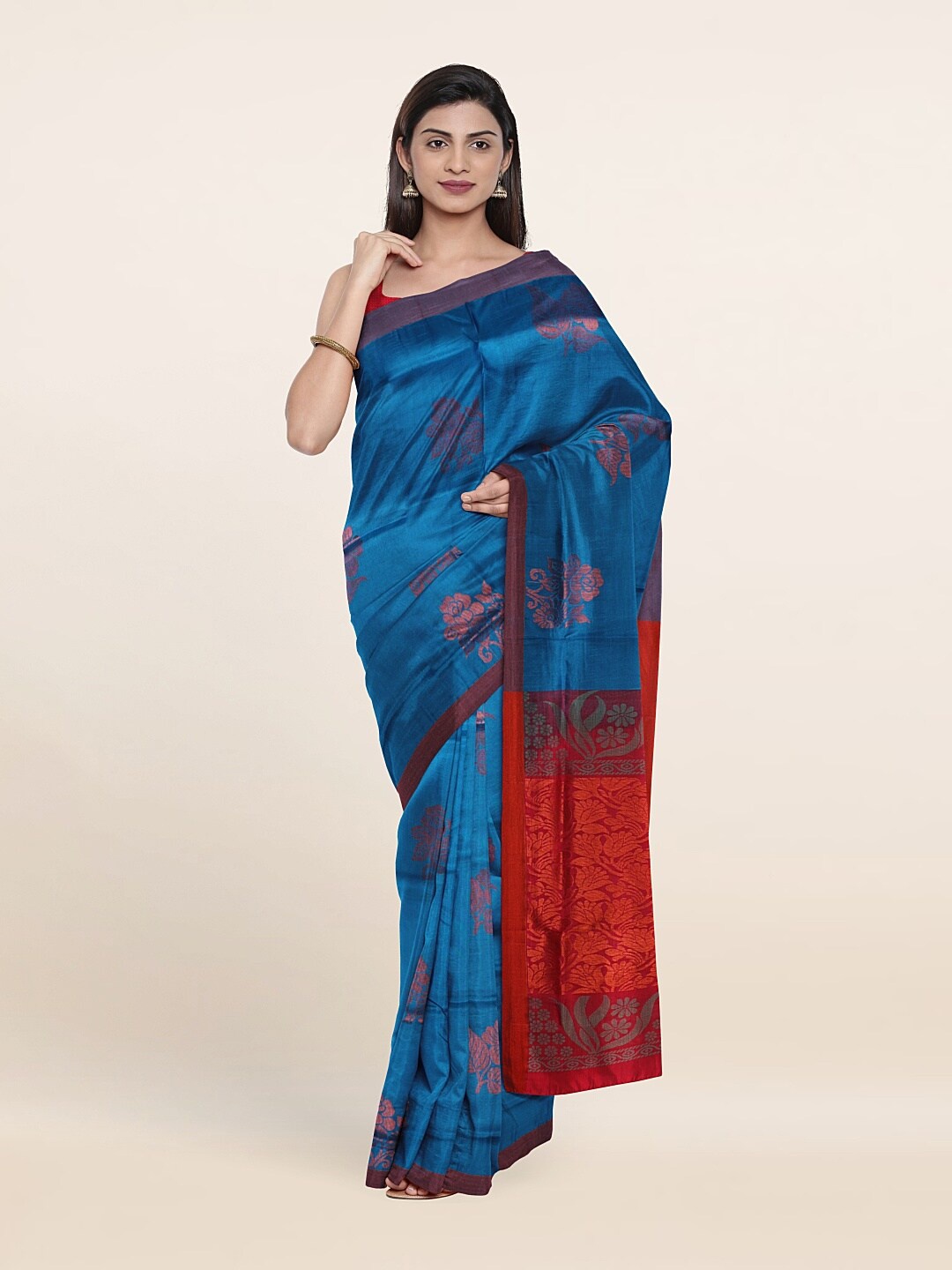 

Pothys Blue & Red Floral Zari Pure Silk Saree
