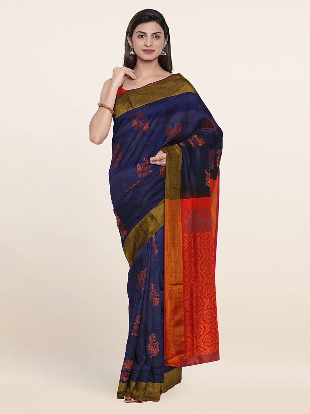 

Pothys Navy Blue & Orange Floral Zari Pure Silk Saree