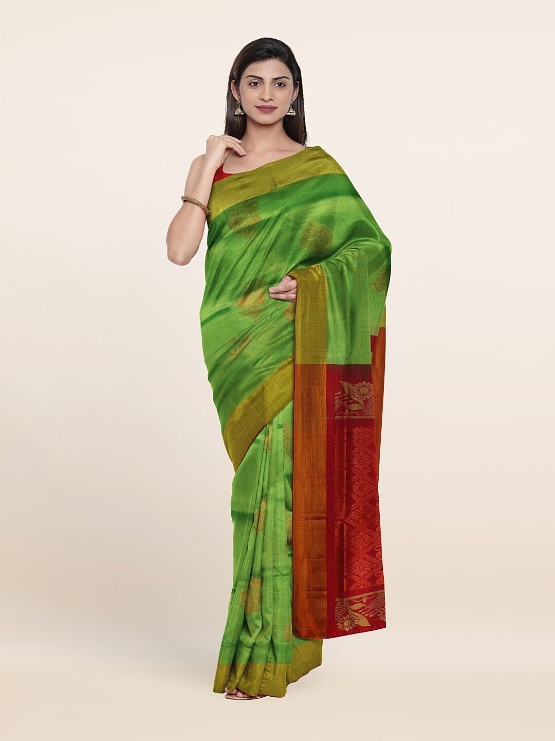 

Pothys Green & Red Floral Zari Pure Silk Saree