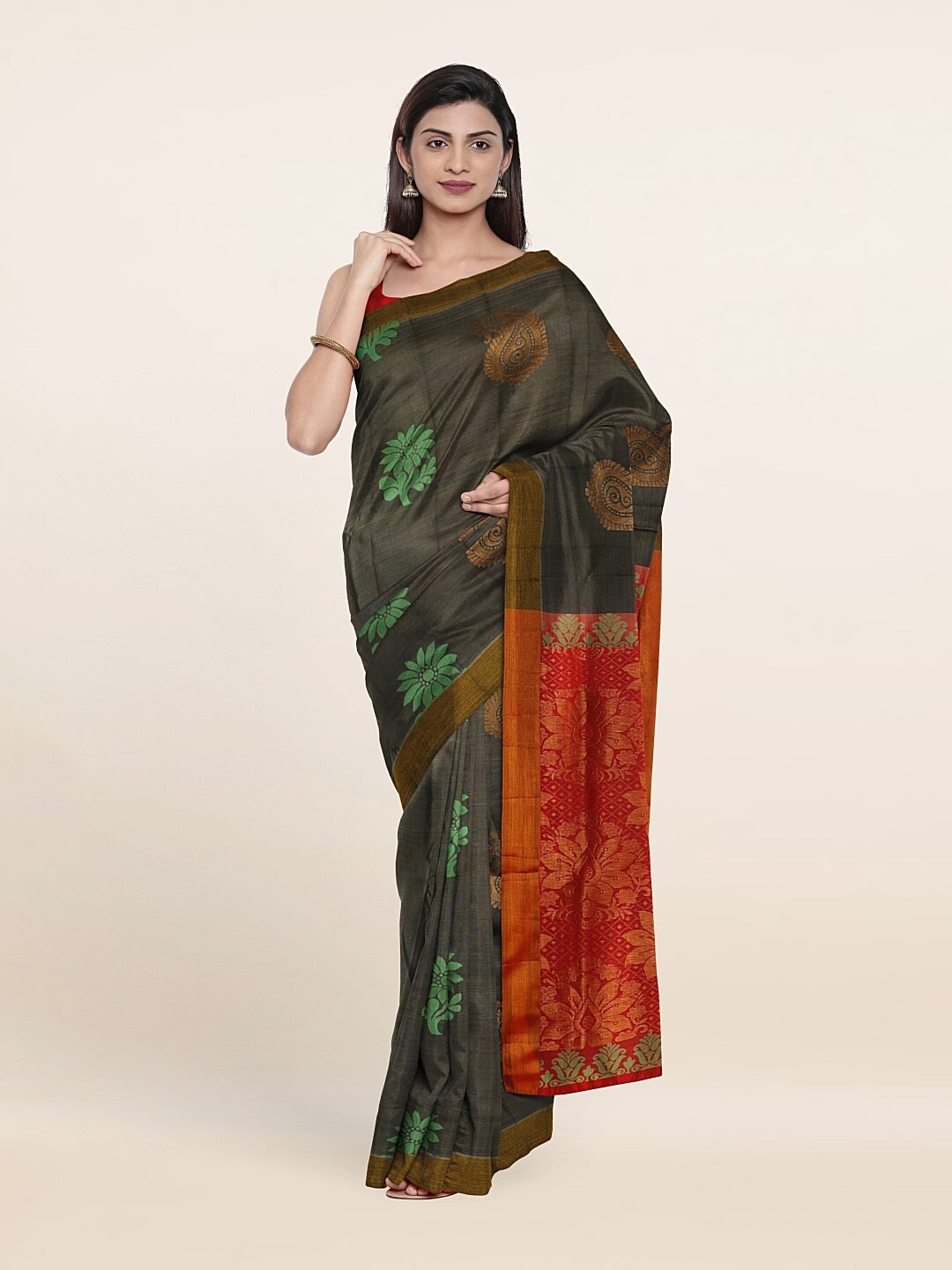 

Pothys Grey & Red Ethnic Motifs Zari Pure Silk Saree