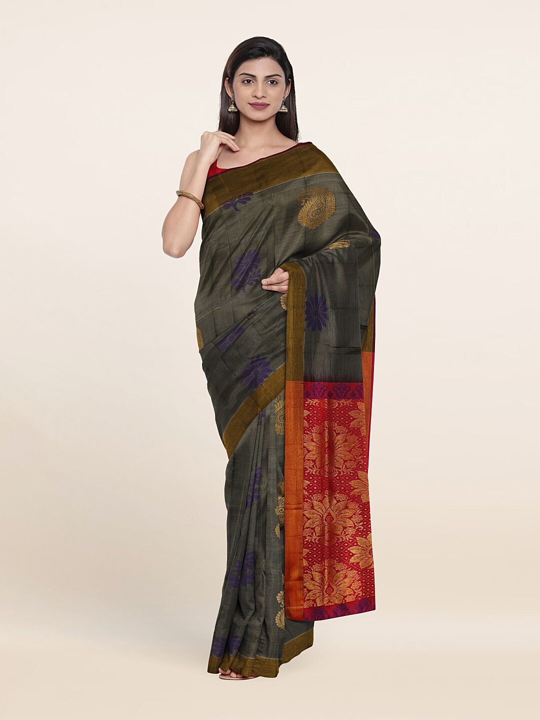 

Pothys Grey & Red Ethnic Motifs Zari Pure Silk Saree