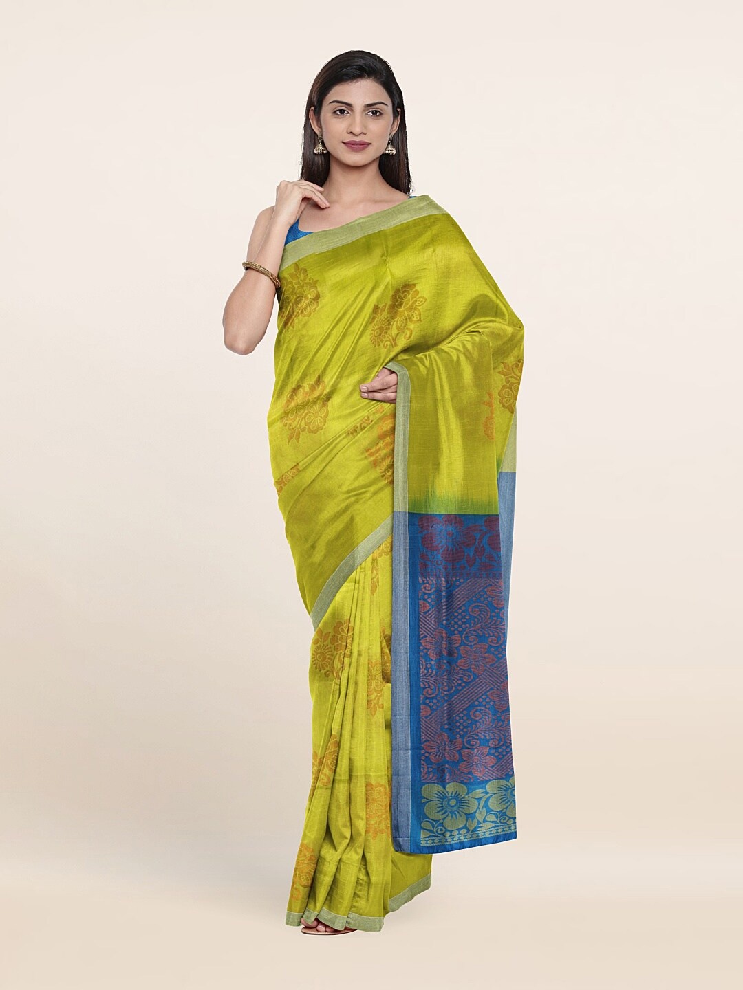 

Pothys Green & Blue Floral Zari Pure Silk Saree