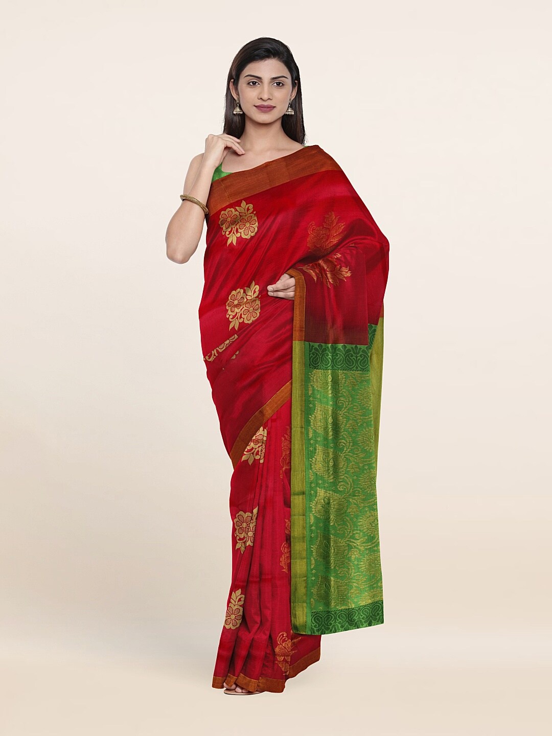 

Pothys Pink & Green Floral Zari Pure Silk Saree