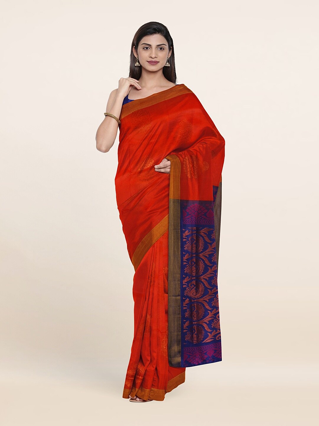 

Pothys Orange & Blue Ethnic Motifs Zari Pure Silk Saree