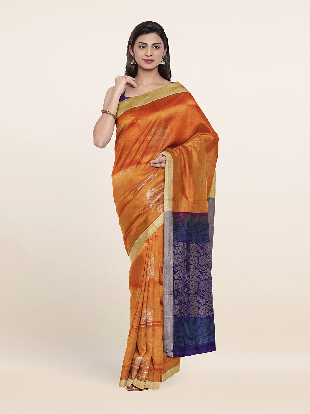 

Pothys Mustard Yellow & Navy Blue Floral Zari Pure Silk Saree