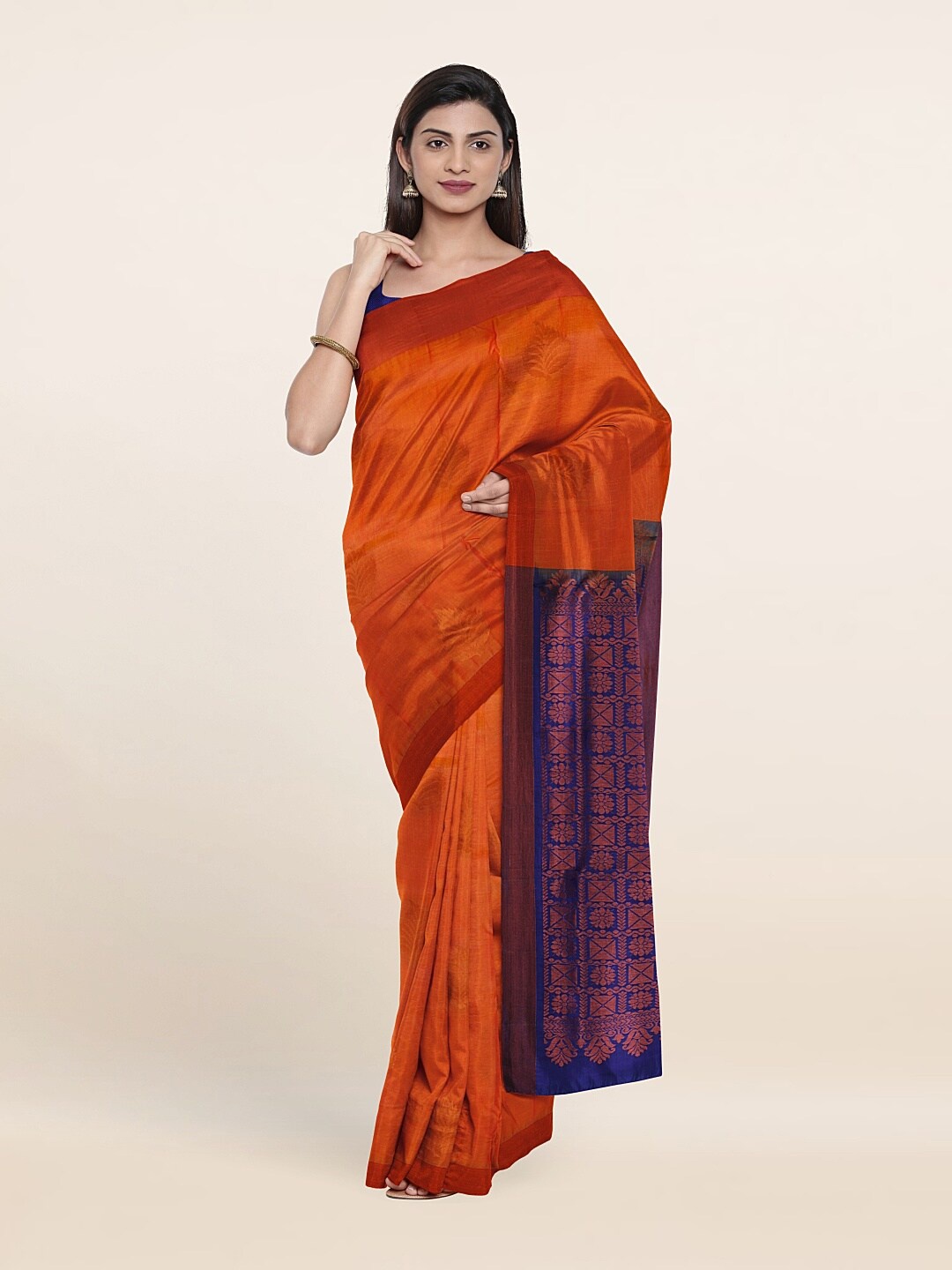 

Pothys Orange & Navy Blue Floral Zari Pure Silk Saree