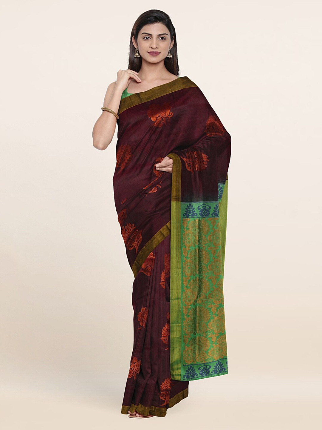 

Pothys Purple & Green Floral Zari Pure Silk Saree