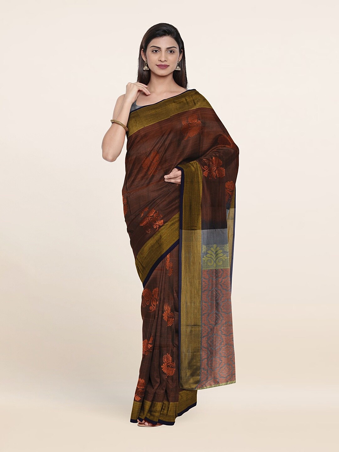 

Pothys Brown & Green Floral Zari Pure Silk Saree