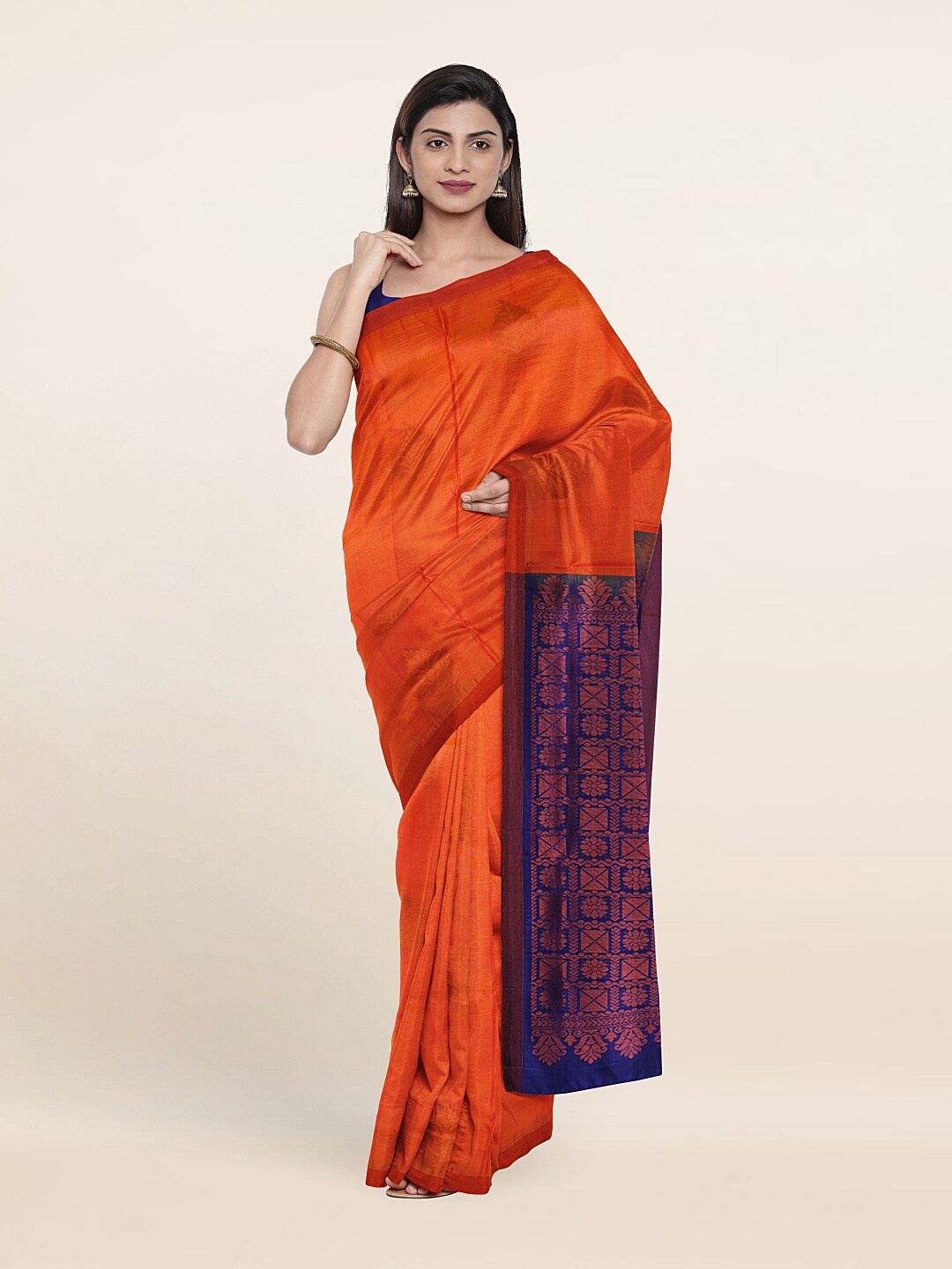 

Pothys Orange & Blue Floral Zari Pure Silk Saree